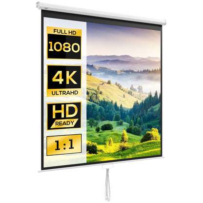 99-Inch Manual Projector Screen Portable Projection Screen 1:1 Format for Indoor and Outdoor Home Cinema Patio 178x178 cm White
