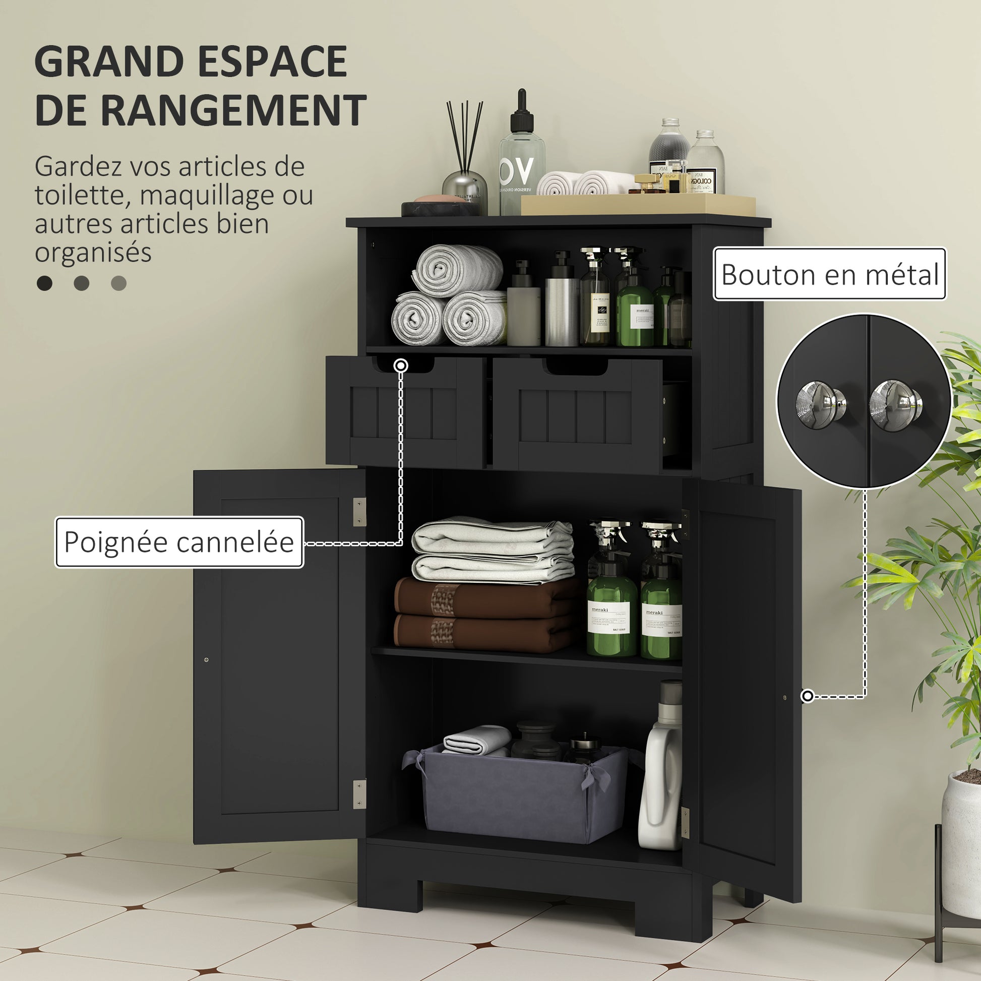 Bathroom Cabinet, Storage Cabinet with 2 Drawers, Niche, Wardrobe with Door, Adjustable Shelf, Bathroom Cabinet, Kitchen, Living Room, 60 x 30 x 109 cm, Black