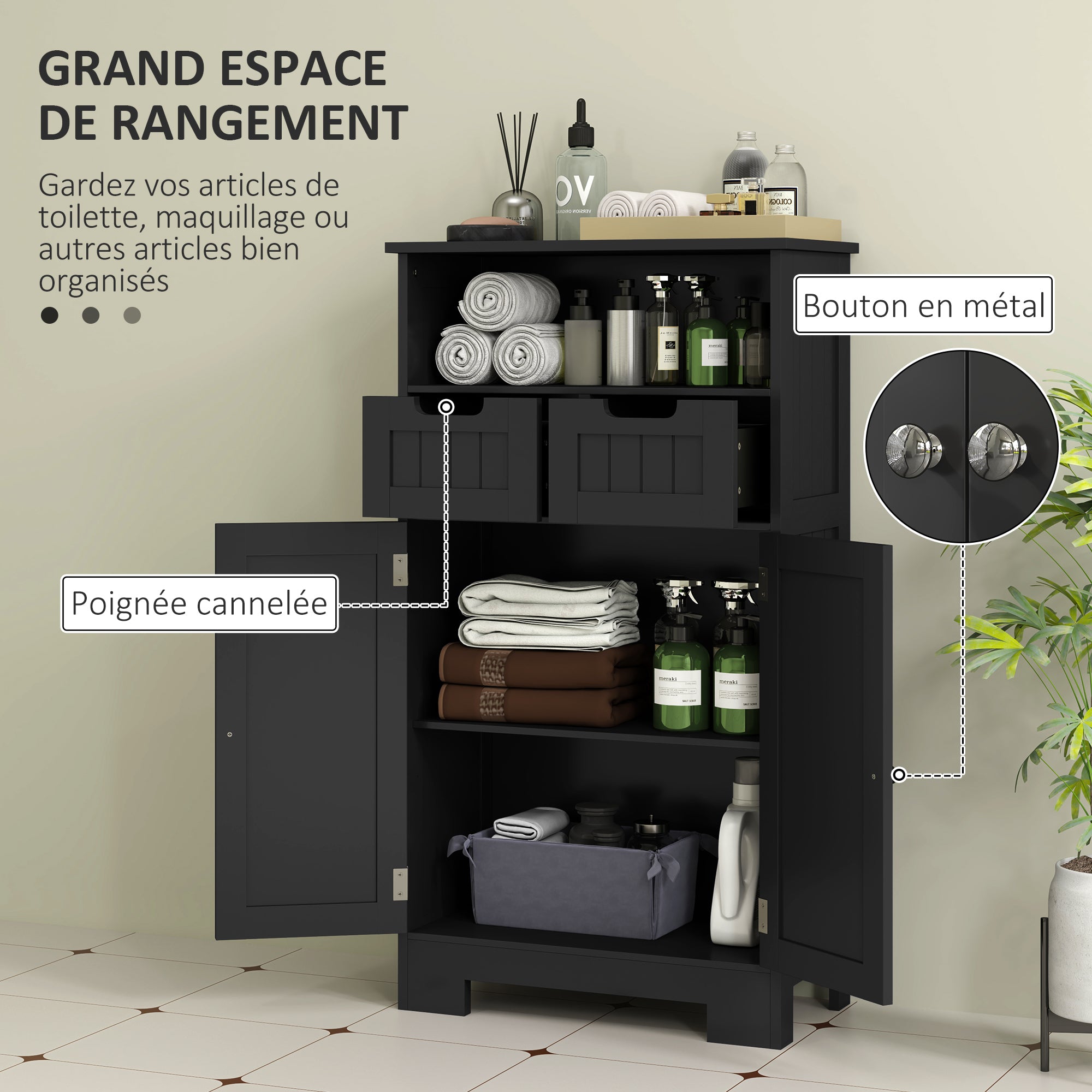 Bathroom Cabinet, Storage Cabinet with 2 Drawers, Niche, Wardrobe with Door, Adjustable Shelf, Bathroom Cabinet, Kitchen, Living Room, 60 x 30 x 109 cm, Black