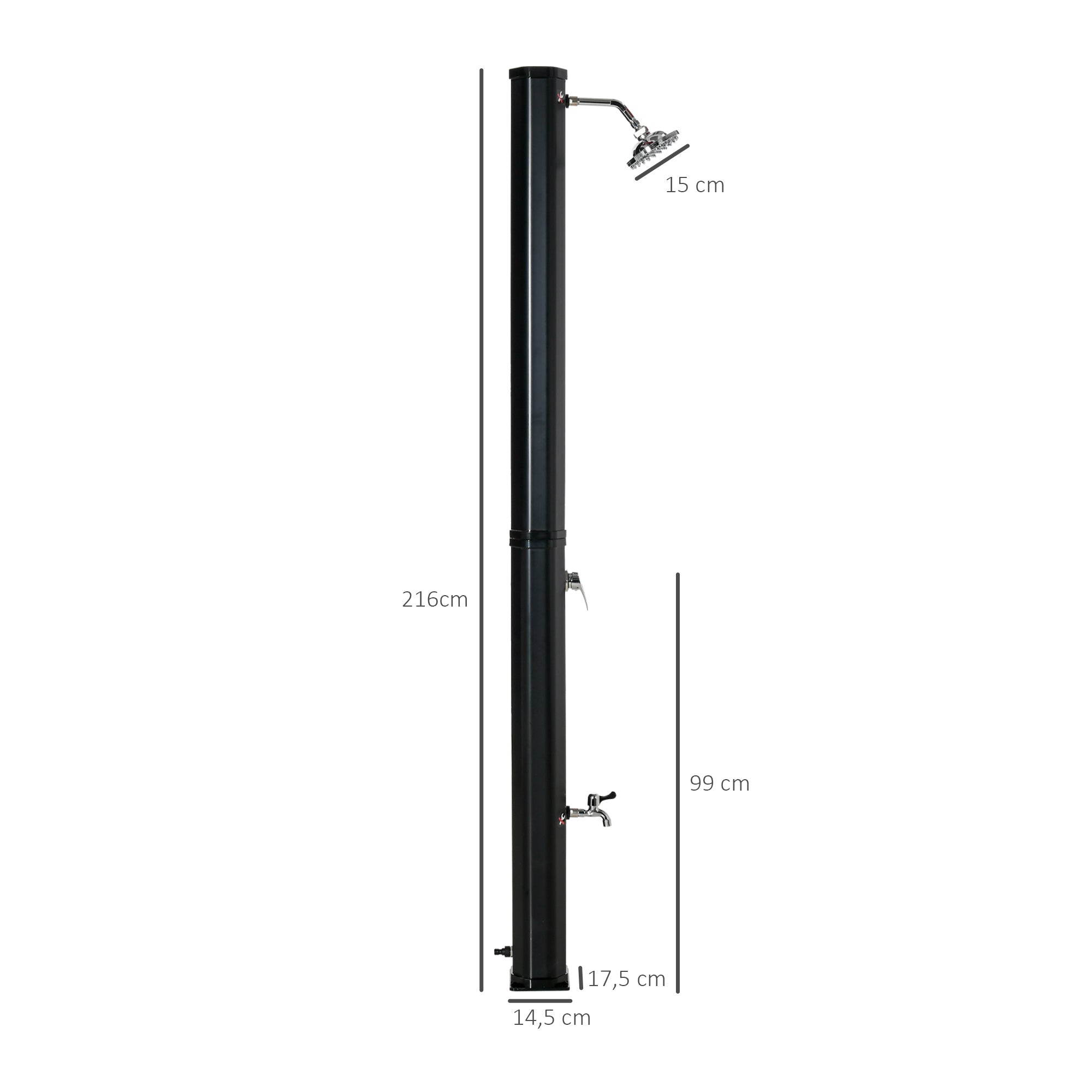 35L Outdoor Solar Shower Garden Beach Pool Solar Shower with Shower Head and Thermometer Integrated Cold and Hot Water up to 55°C PVC ABS dim. 17.5L x 14.5W x 216H cm black