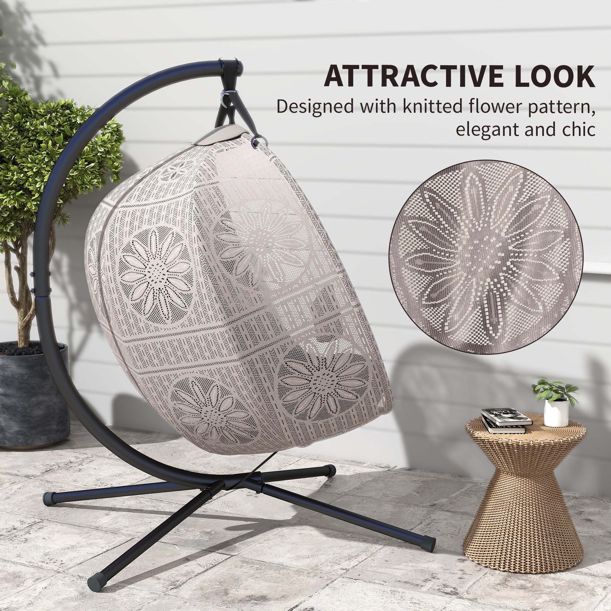 Hanging Chair with Stand, Egg-shaped Hanging Swing with Removable Washable Cushion, Hammock for 2 Persons, Swing Chair Indoor Outdoor, Sand+Black