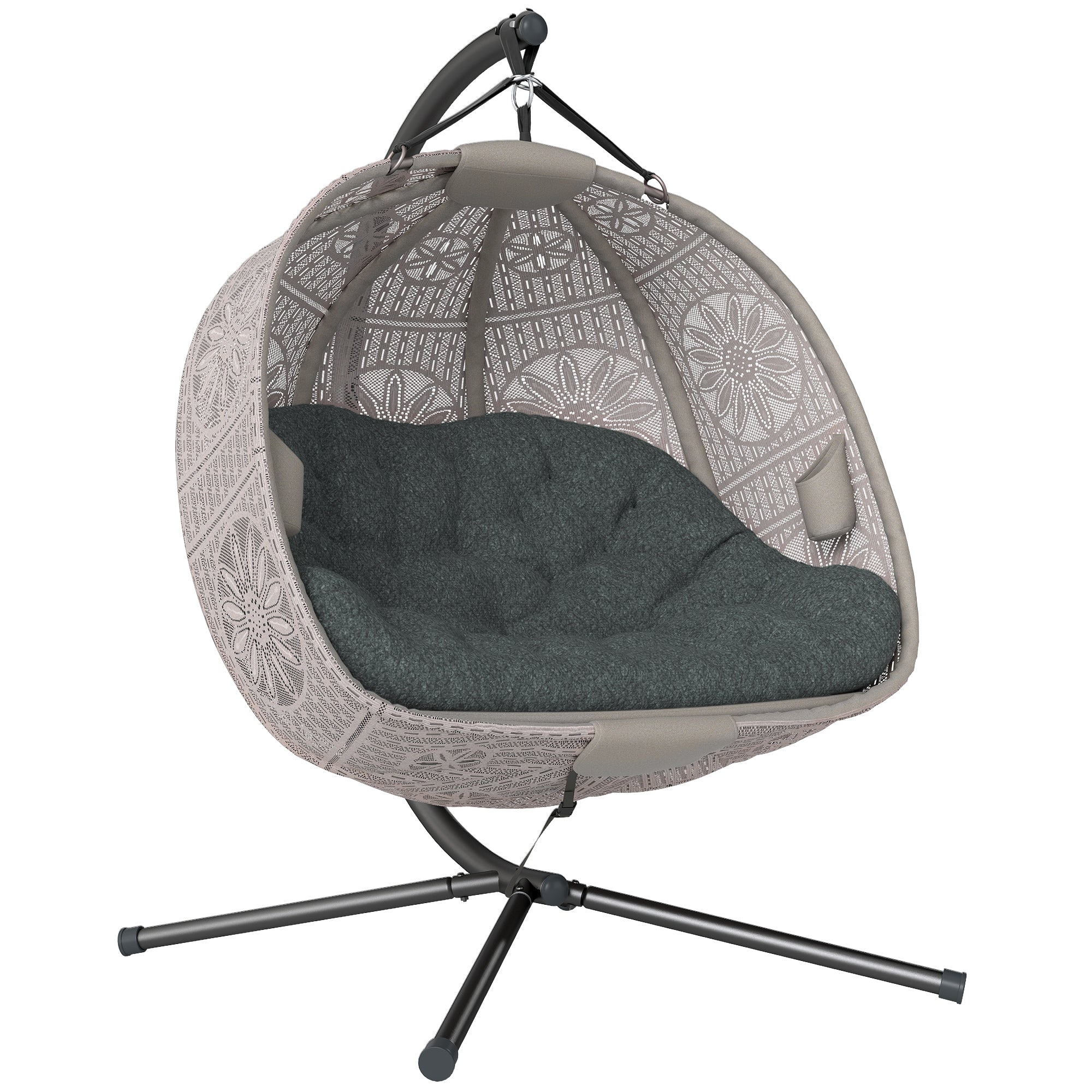 Hanging Chair with Stand, Egg-shaped Hanging Swing with Removable Washable Cushion, Hammock for 2 Persons, Swing Chair Indoor Outdoor, Sand+Black