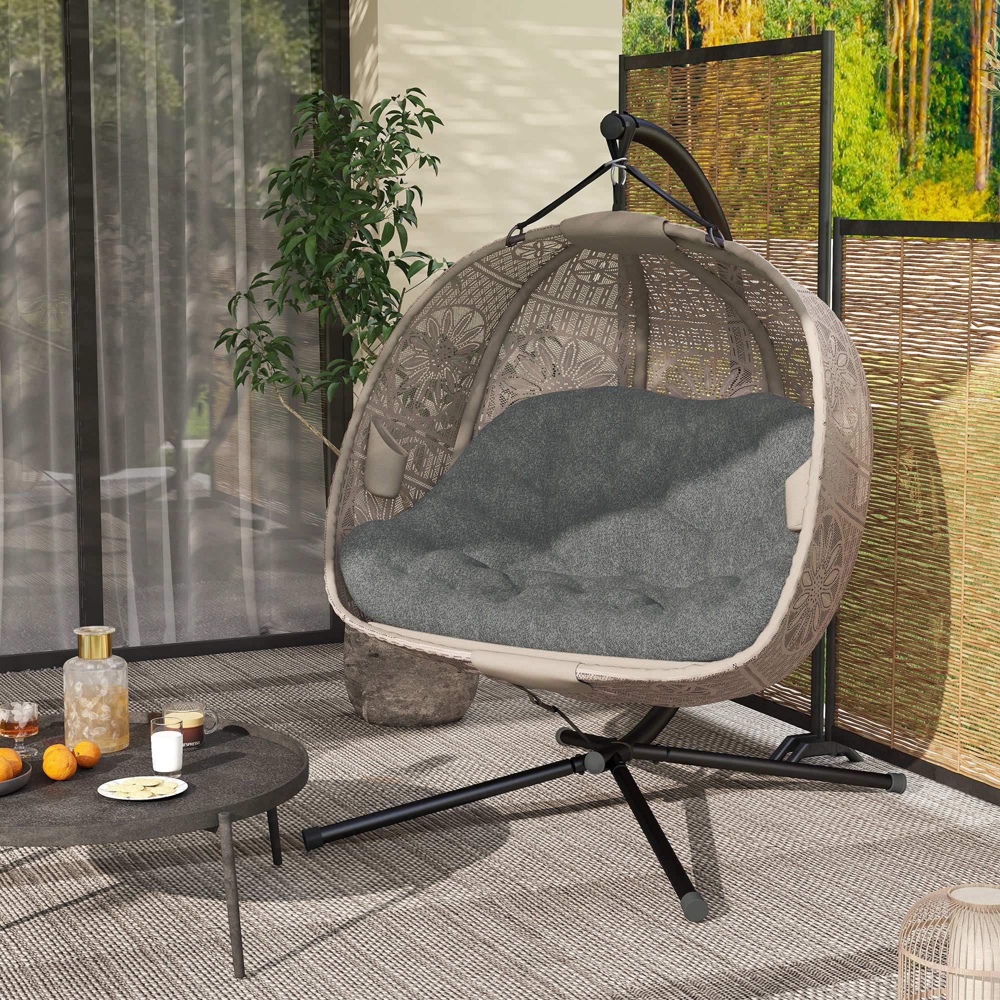 Hanging Chair with Stand, Egg-shaped Hanging Swing with Removable Washable Cushion, Hammock for 2 Persons, Swing Chair Indoor Outdoor, Sand+Black