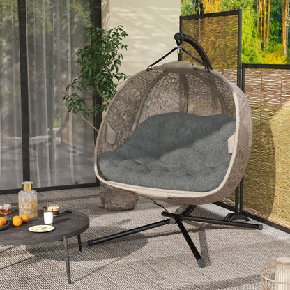 Hanging Chair with Stand, Egg-shaped Hanging Swing with Removable Washable Cushion, Hammock for 2 Persons, Swing Chair Indoor Outdoor, Sand+Black