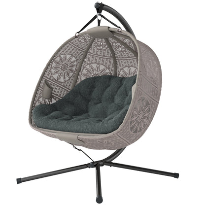 Hanging Chair with Stand, Egg-shaped Hanging Swing with Removable Washable Cushion, Hammock for 2 Persons, Swing Chair Indoor Outdoor, Sand+Black