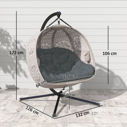 Hanging Chair with Stand, Egg-shaped Hanging Swing with Removable Washable Cushion, Hammock for 2 Persons, Swing Chair Indoor Outdoor, Sand+Black