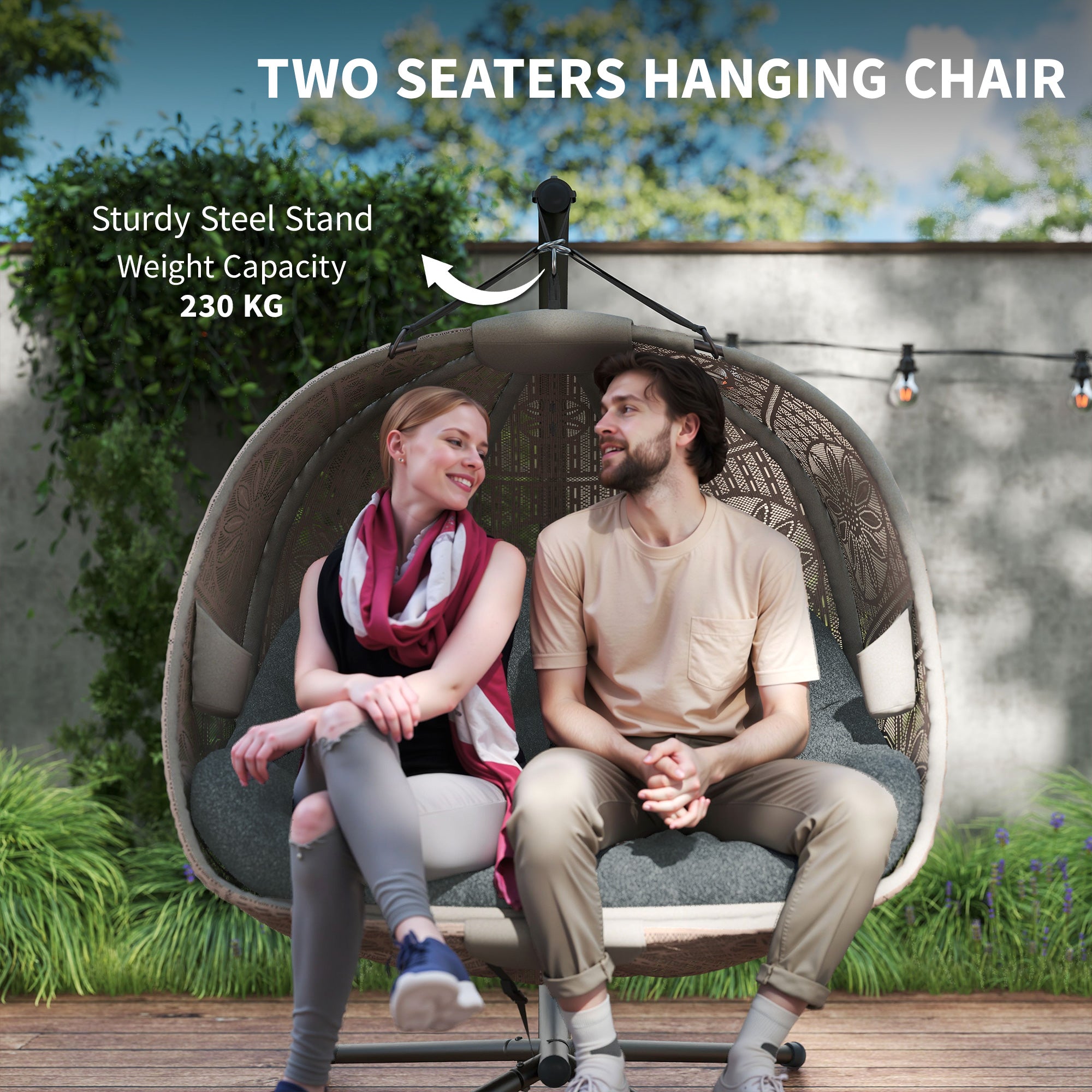 Hanging Chair with Stand, Egg-shaped Hanging Swing with Removable Washable Cushion, Hammock for 2 Persons, Swing Chair Indoor Outdoor, Sand+Black