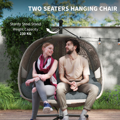 Hanging Chair with Stand, Egg-shaped Hanging Swing with Removable Washable Cushion, Hammock for 2 Persons, Swing Chair Indoor Outdoor, Sand+Black