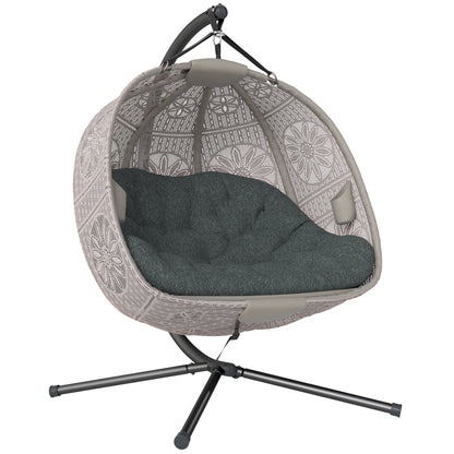 Hanging Chair with Stand, Egg-shaped Hanging Swing with Removable Washable Cushion, Hammock for 2 Persons, Swing Chair Indoor Outdoor, Sand+Black
