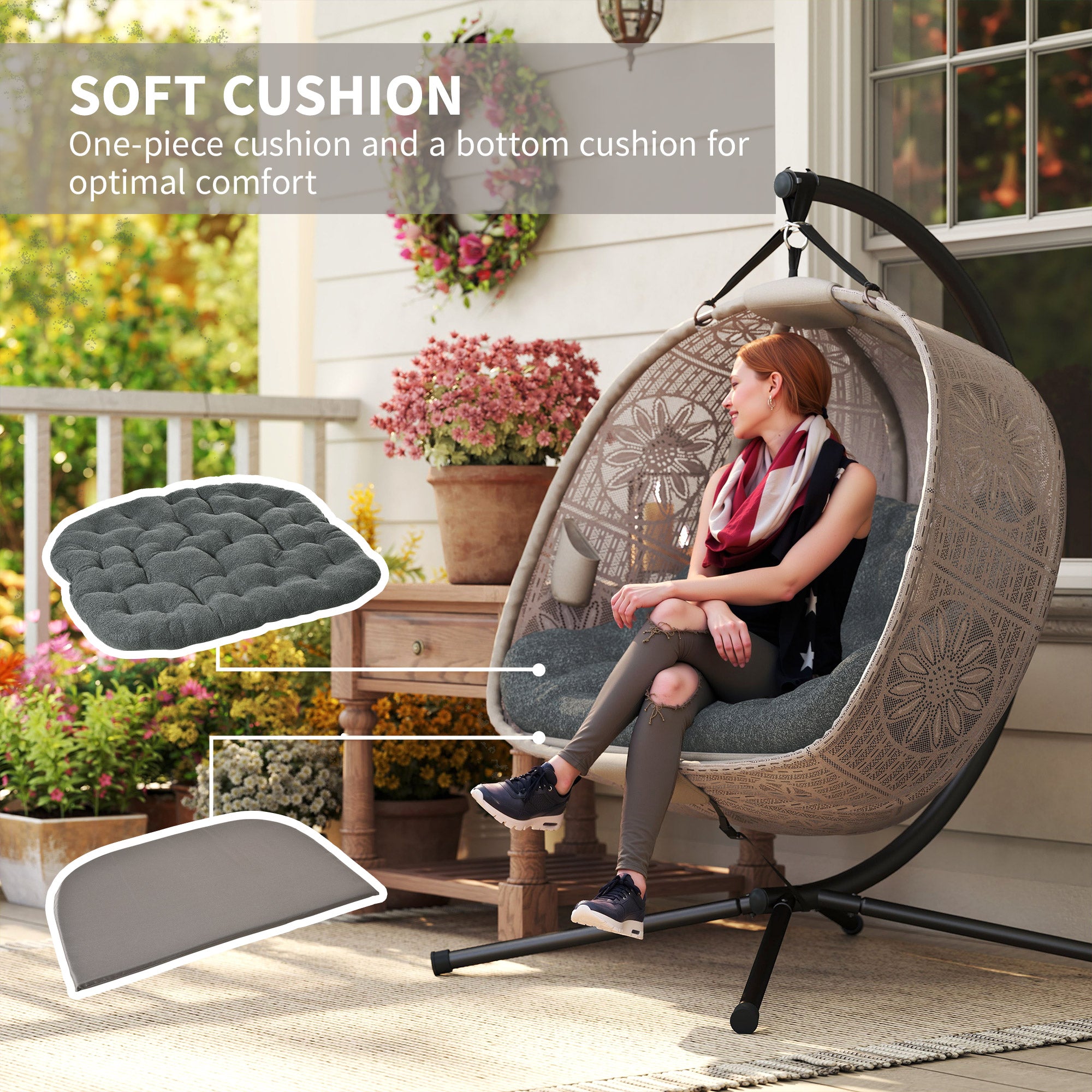 Hanging Chair with Stand, Egg-shaped Hanging Swing with Removable Washable Cushion, Hammock for 2 Persons, Swing Chair Indoor Outdoor, Sand+Black