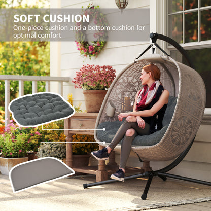 Hanging Chair with Stand, Egg-shaped Hanging Swing with Removable Washable Cushion, Hammock for 2 Persons, Swing Chair Indoor Outdoor, Sand+Black