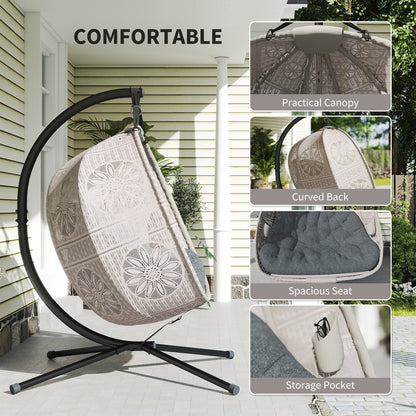 Hanging Chair with Stand, Egg-shaped Hanging Swing with Removable Washable Cushion, Hammock for 2 Persons, Swing Chair Indoor Outdoor, Sand+Black