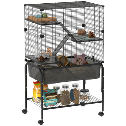 4-Level Cage for Small Animals with Wheels Cage for Rodents with Deep Tray Ramps Platforms Feeder and Drinker Enclosure for Chinchillas Ferrets Hamster 73x47x123 cm Black