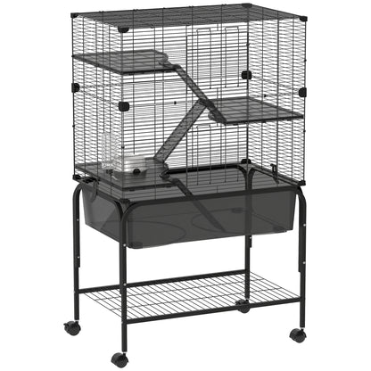 4-Level Cage for Small Animals with Wheels Cage for Rodents with Deep Tray Ramps Platforms Feeder and Drinker Enclosure for Chinchillas Ferrets Hamster 73x47x123 cm Black