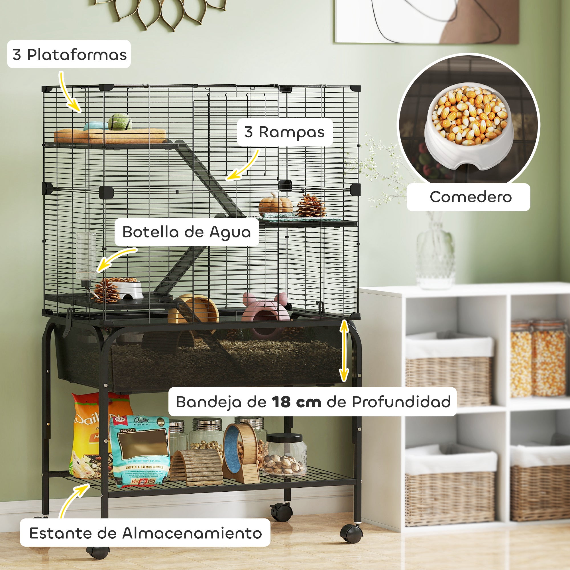 4-Level Cage for Small Animals with Wheels Cage for Rodents with Deep Tray Ramps Platforms Feeder and Drinker Enclosure for Chinchillas Ferrets Hamster 73x47x123 cm Black