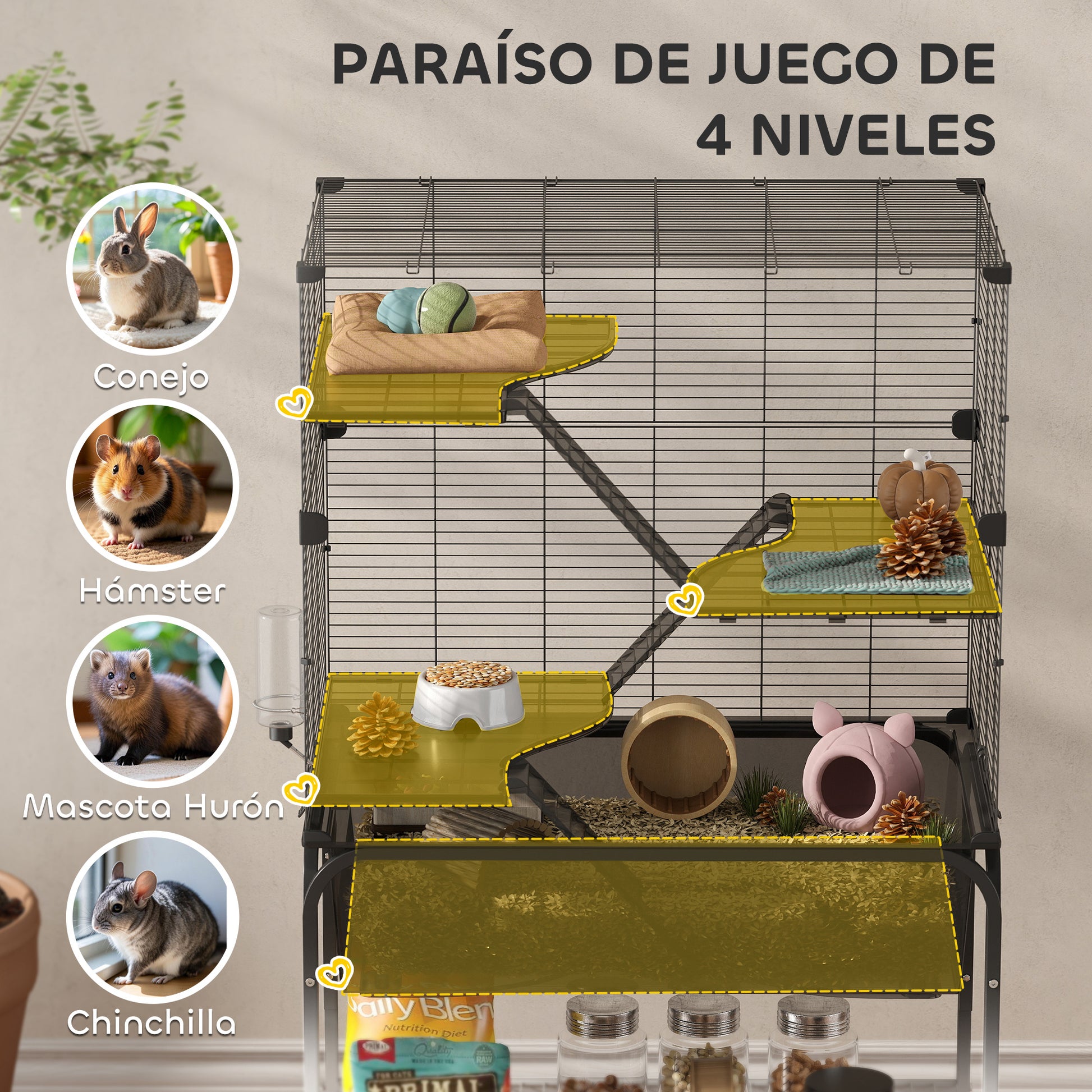 4-Level Cage for Small Animals with Wheels Cage for Rodents with Deep Tray Ramps Platforms Feeder and Drinker Enclosure for Chinchillas Ferrets Hamster 73x47x123 cm Black