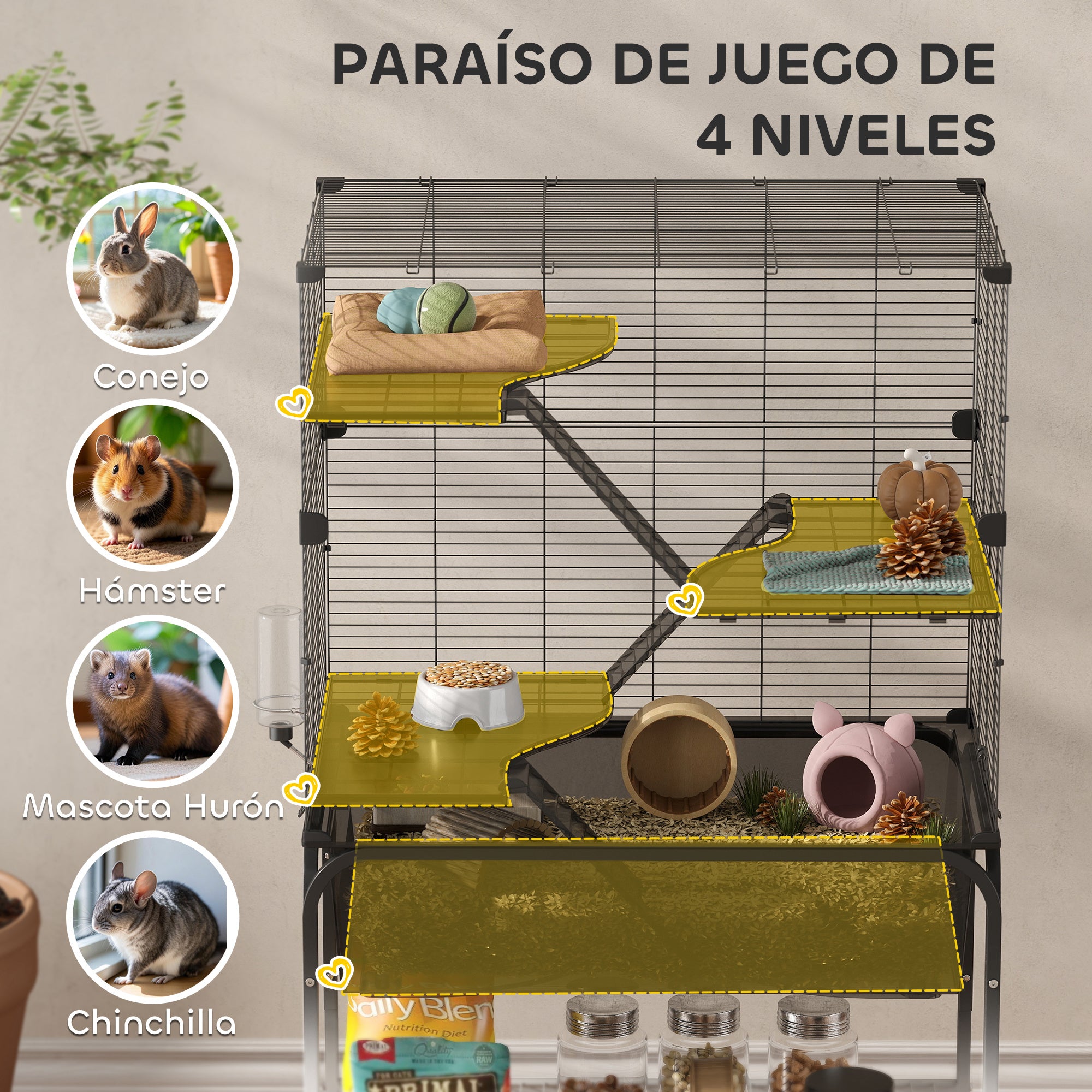 4-Level Cage for Small Animals with Wheels Cage for Rodents with Deep Tray Ramps Platforms Feeder and Drinker Enclosure for Chinchillas Ferrets Hamster 73x47x123 cm Black