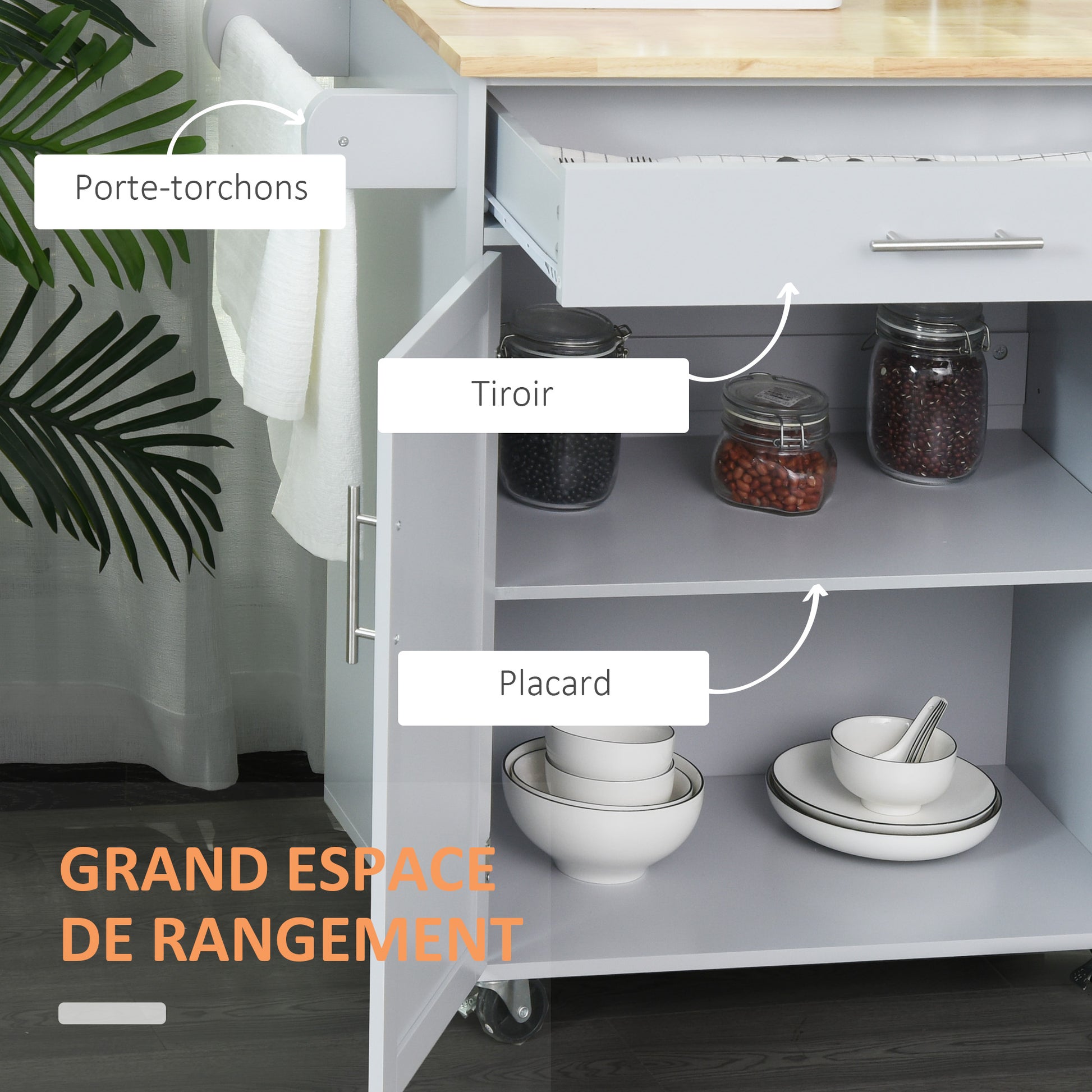 Kitchen Trolley Cart with Drawer Cupboard Towel Holder - 83cm L x 45cm W x 91.5cm H Gray