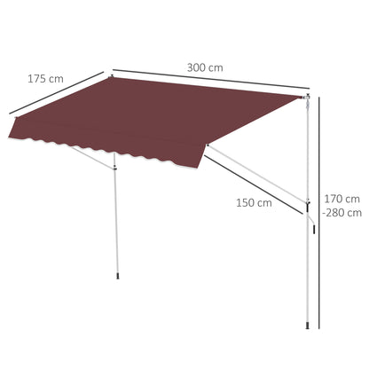 Manual Retractable Awning 3L x 1.5W m Telescopic Awning without Drilling Adjustable Inclination and Height Quick Installation Metal Aluminium Polyester Anti-UV Bordeaux