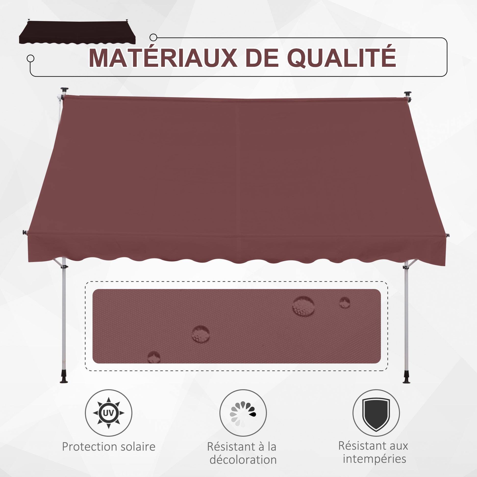 Manual Retractable Awning 3L x 1.5W m Telescopic Awning without Drilling Adjustable Inclination and Height Quick Installation Metal Aluminium Polyester Anti-UV Bordeaux