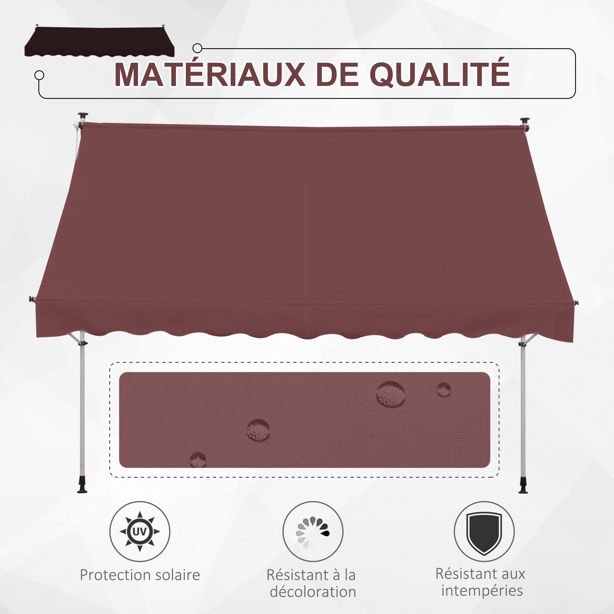 Manual Retractable Awning 3L x 1.5W m Telescopic Awning without Drilling Adjustable Inclination and Height Quick Installation Metal Aluminium Polyester Anti-UV Bordeaux