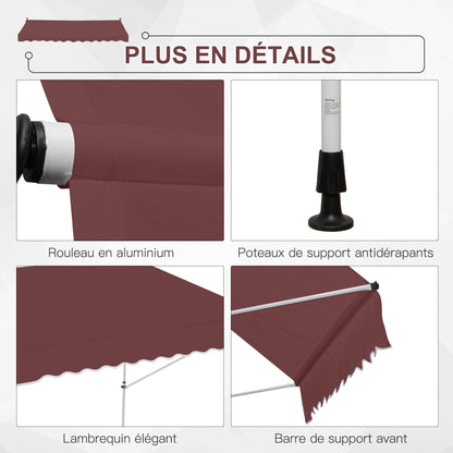 Manual Retractable Awning 3L x 1.5W m Telescopic Awning without Drilling Adjustable Inclination and Height Quick Installation Metal Aluminium Polyester Anti-UV Bordeaux