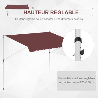 Manual Retractable Awning 3L x 1.5W m Telescopic Awning without Drilling Adjustable Inclination and Height Quick Installation Metal Aluminium Polyester Anti-UV Bordeaux