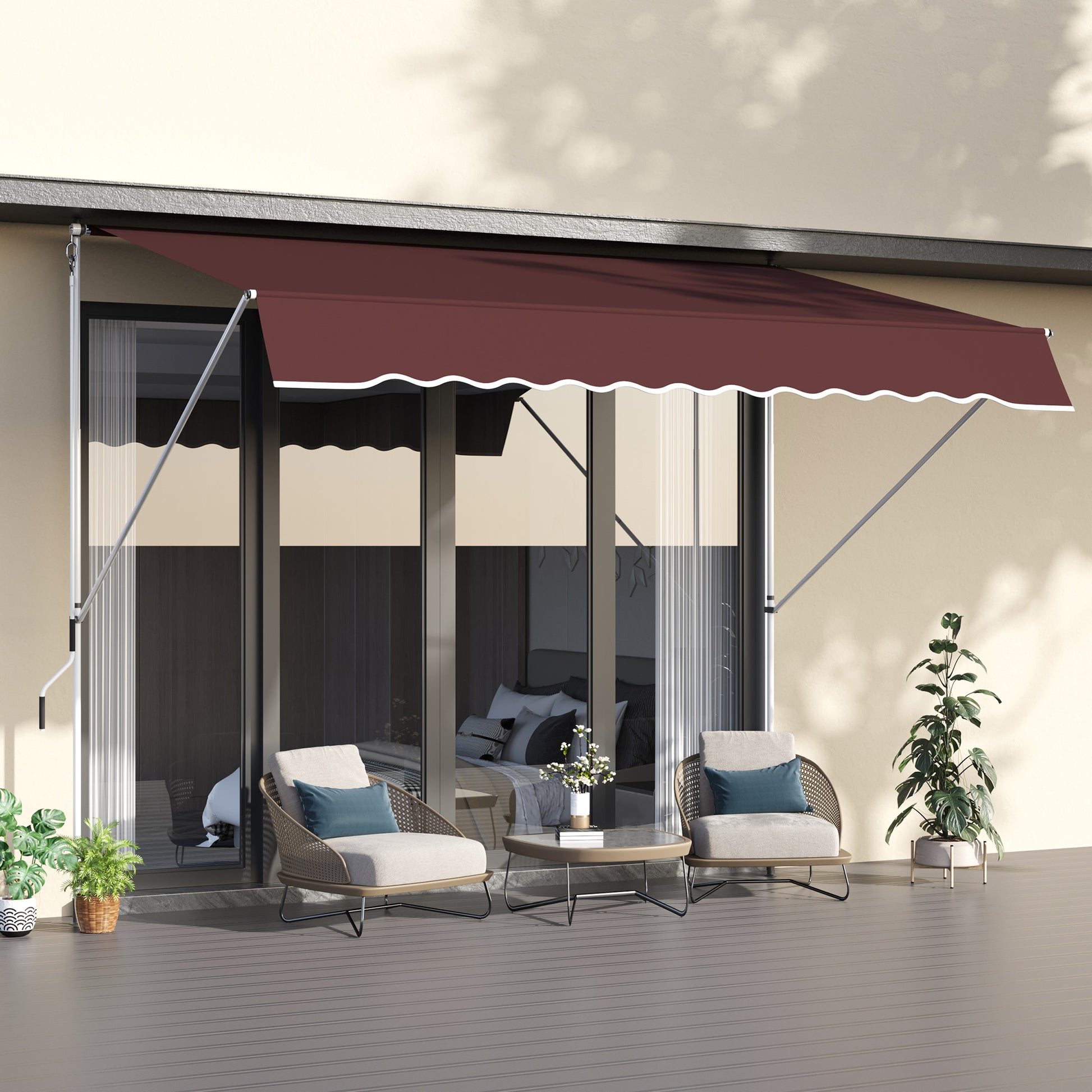 Manual Retractable Awning 3L x 1.5W m Telescopic Awning without Drilling Adjustable Inclination and Height Quick Installation Metal Aluminium Polyester Anti-UV Bordeaux