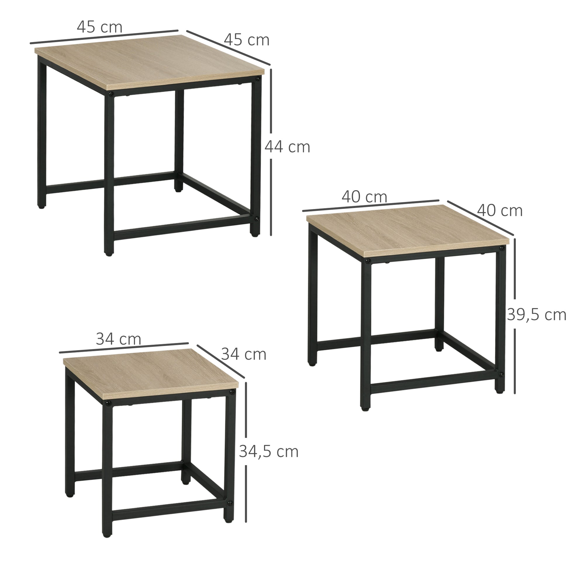 Coffee Table 3-Piece Set Side Table, Nesting Table with Steel Frame, Industrial Design End Table, Coffee Table, Living Room Table with Wood Grain Look, Natural