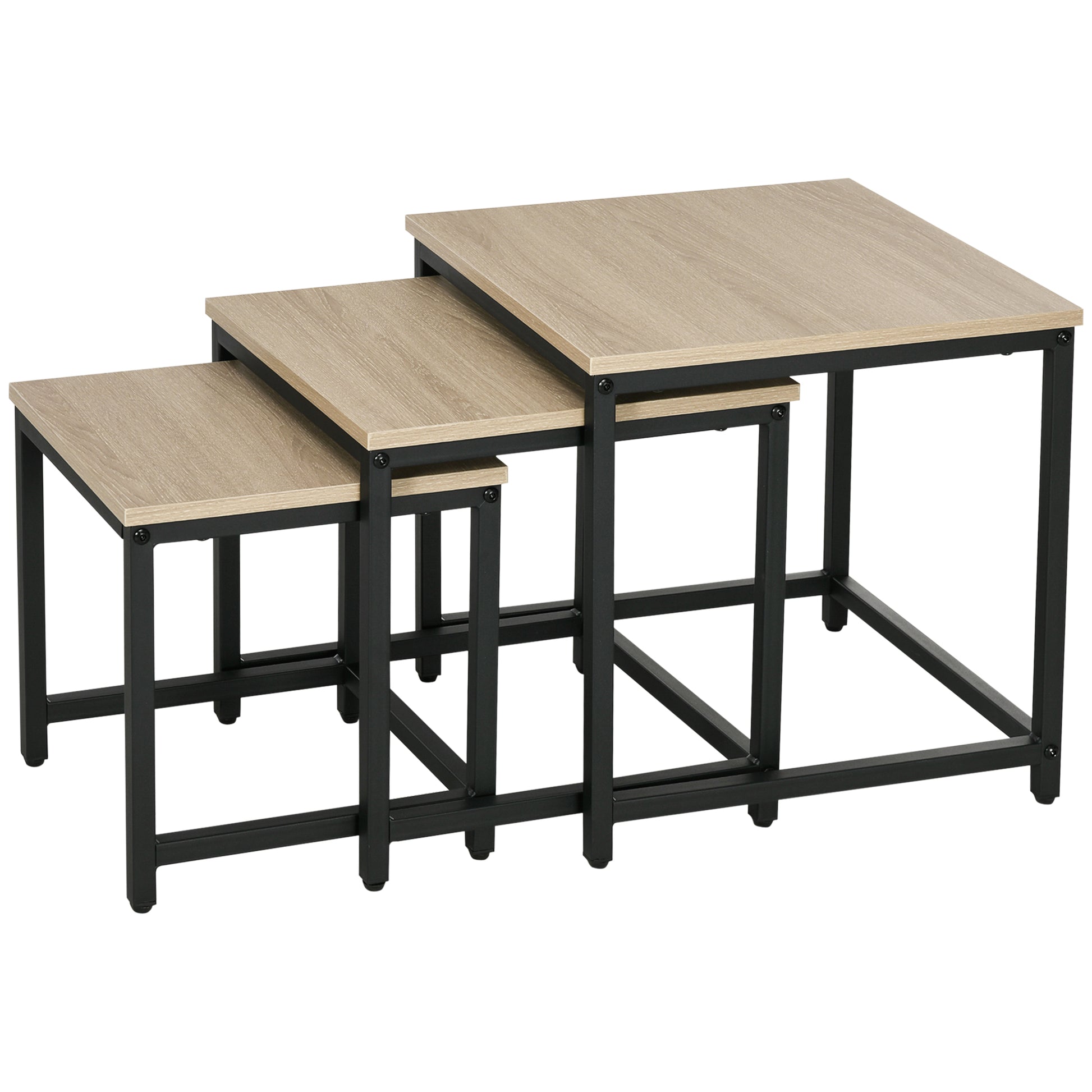 Coffee Table 3-Piece Set Side Table, Nesting Table with Steel Frame, Industrial Design End Table, Coffee Table, Living Room Table with Wood Grain Look, Natural