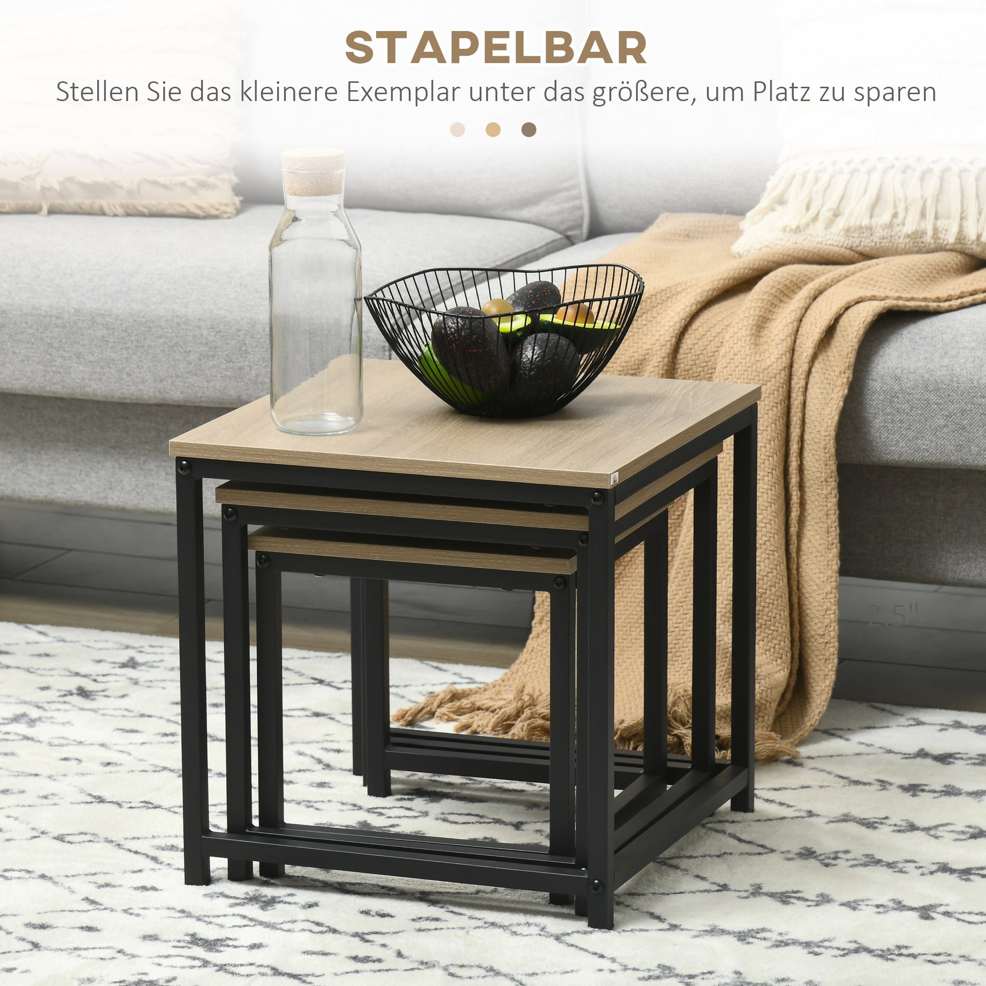 Coffee Table 3-Piece Set Side Table, Nesting Table with Steel Frame, Industrial Design End Table, Coffee Table, Living Room Table with Wood Grain Look, Natural