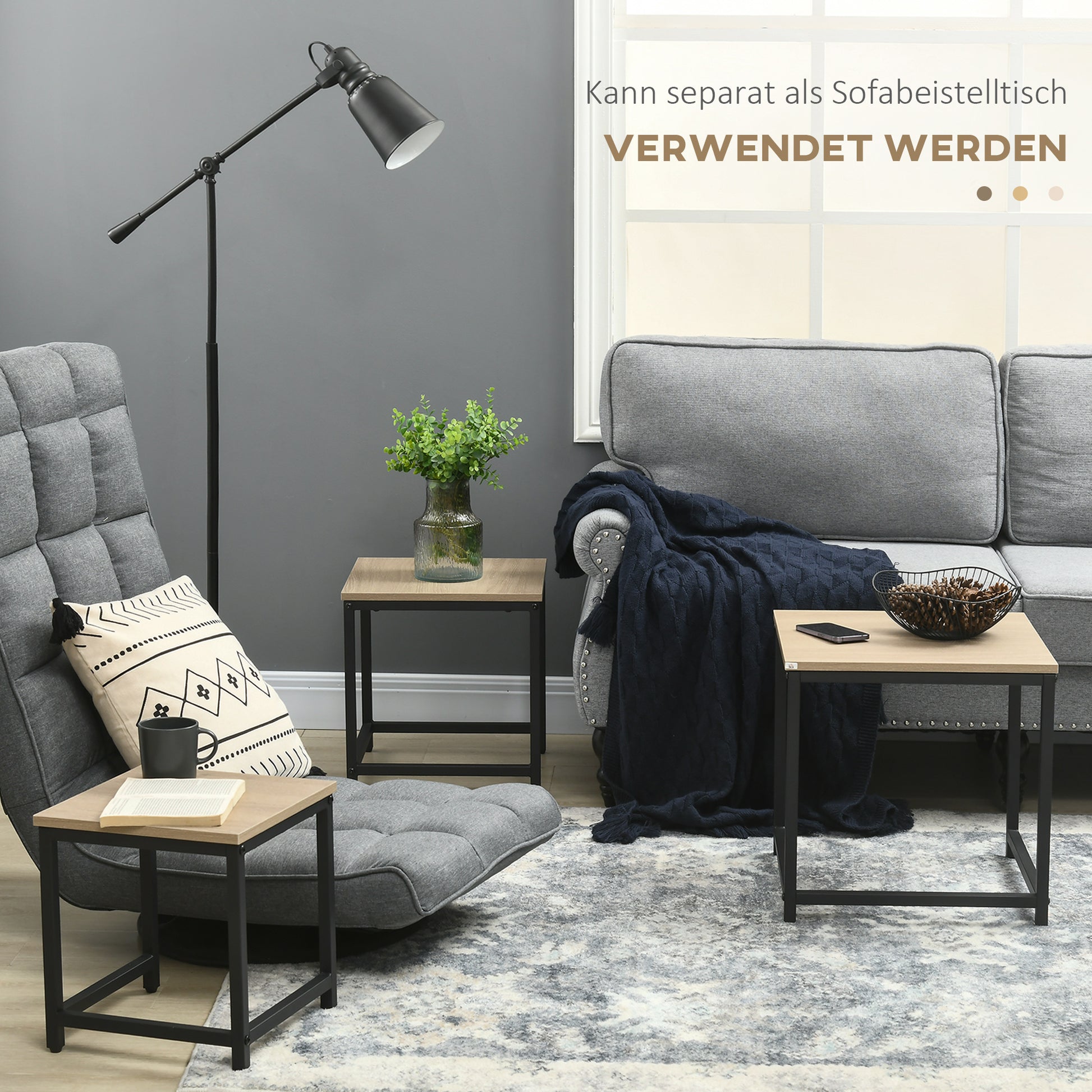 Coffee Table 3-Piece Set Side Table, Nesting Table with Steel Frame, Industrial Design End Table, Coffee Table, Living Room Table with Wood Grain Look, Natural
