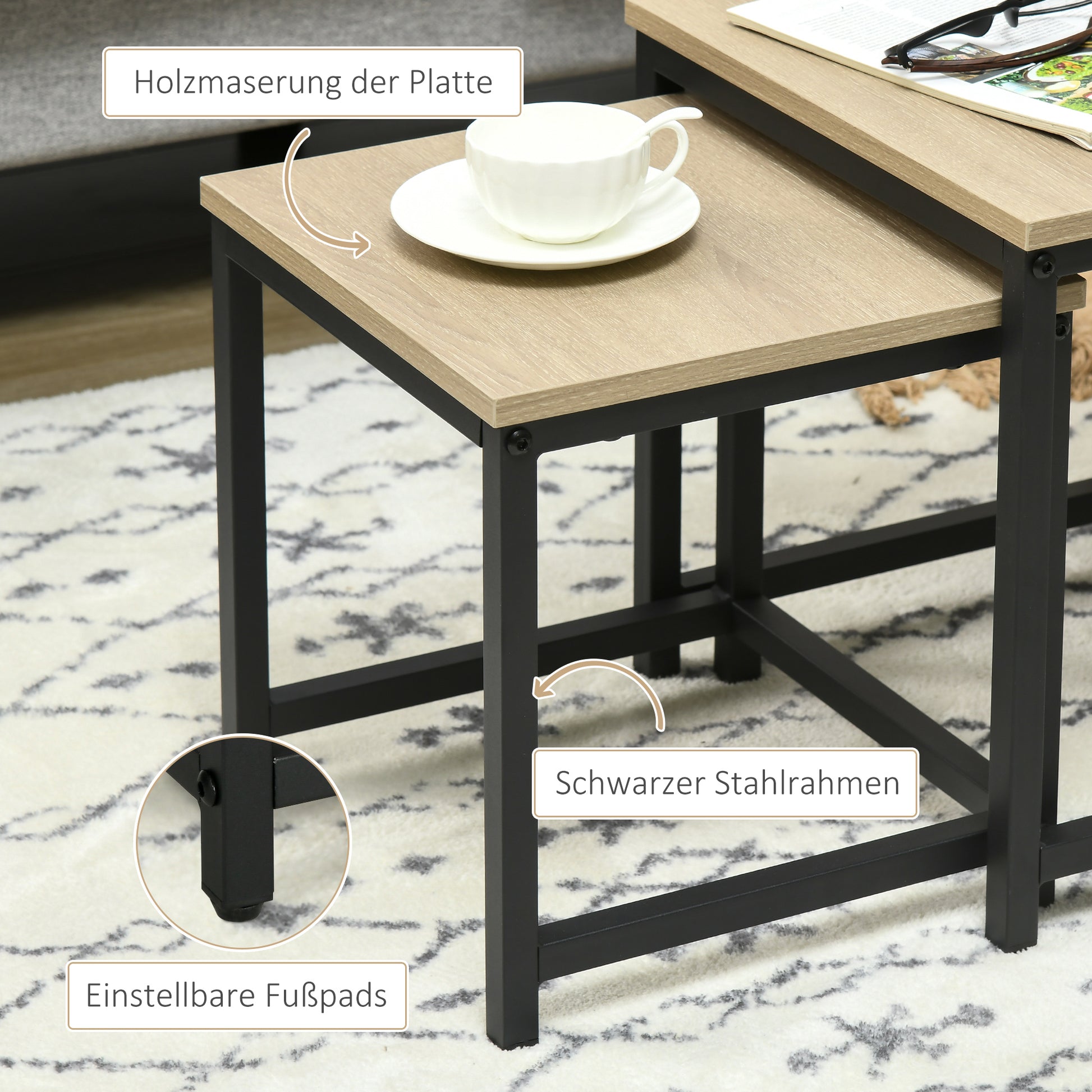 Coffee Table 3-Piece Set Side Table, Nesting Table with Steel Frame, Industrial Design End Table, Coffee Table, Living Room Table with Wood Grain Look, Natural