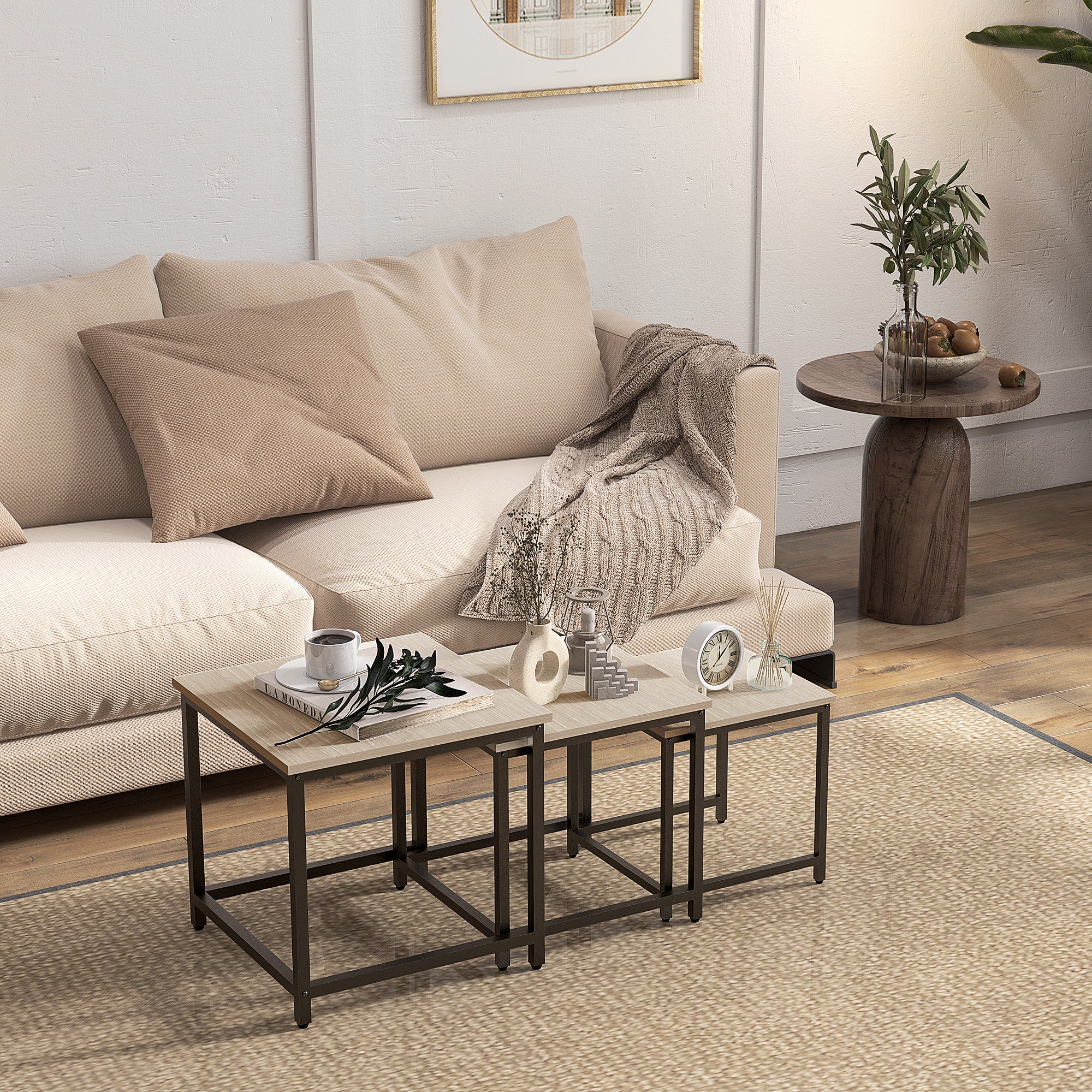 Coffee Table 3-Piece Set Side Table, Nesting Table with Steel Frame, Industrial Design End Table, Coffee Table, Living Room Table with Wood Grain Look, Natural