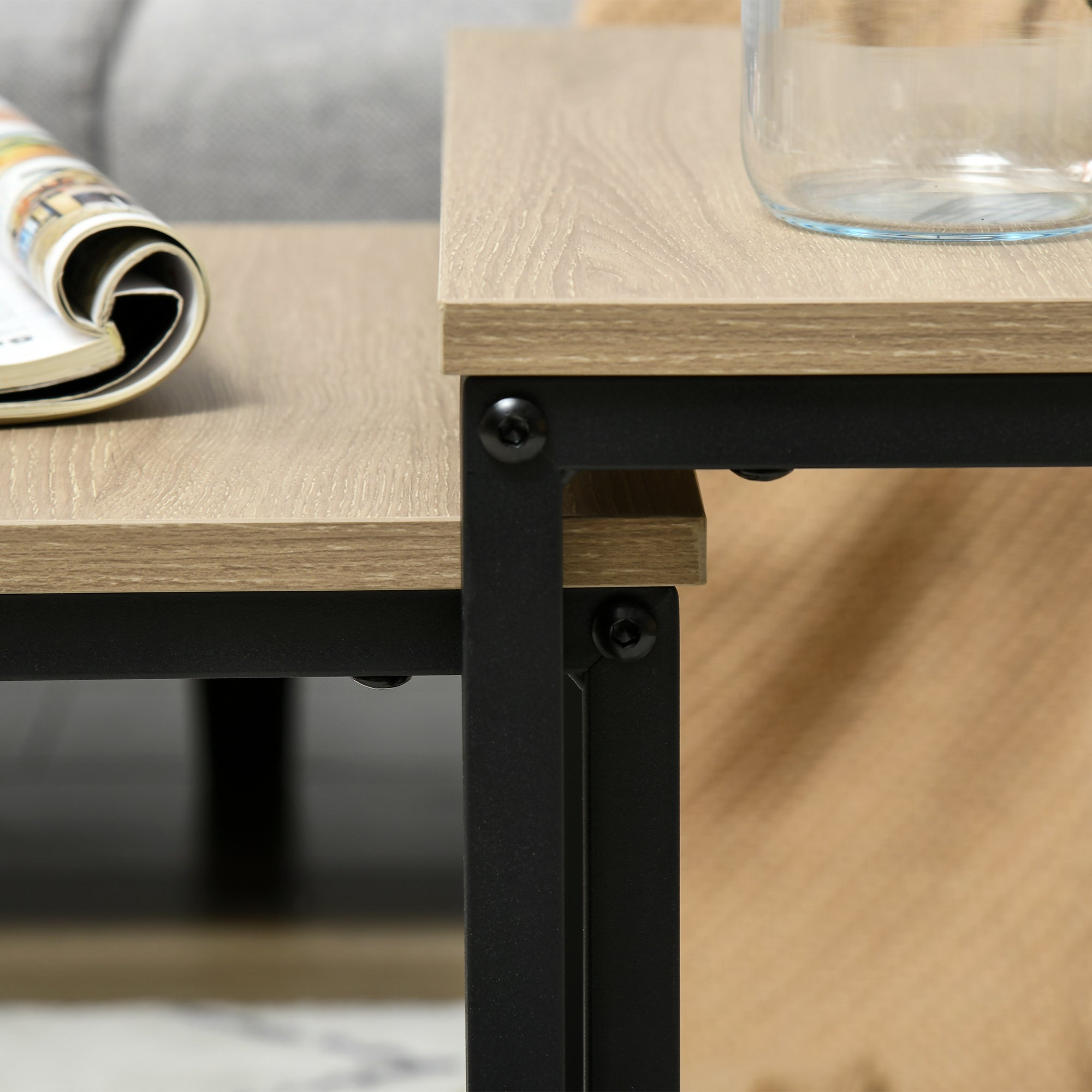 Coffee Table 3-Piece Set Side Table, Nesting Table with Steel Frame, Industrial Design End Table, Coffee Table, Living Room Table with Wood Grain Look, Natural