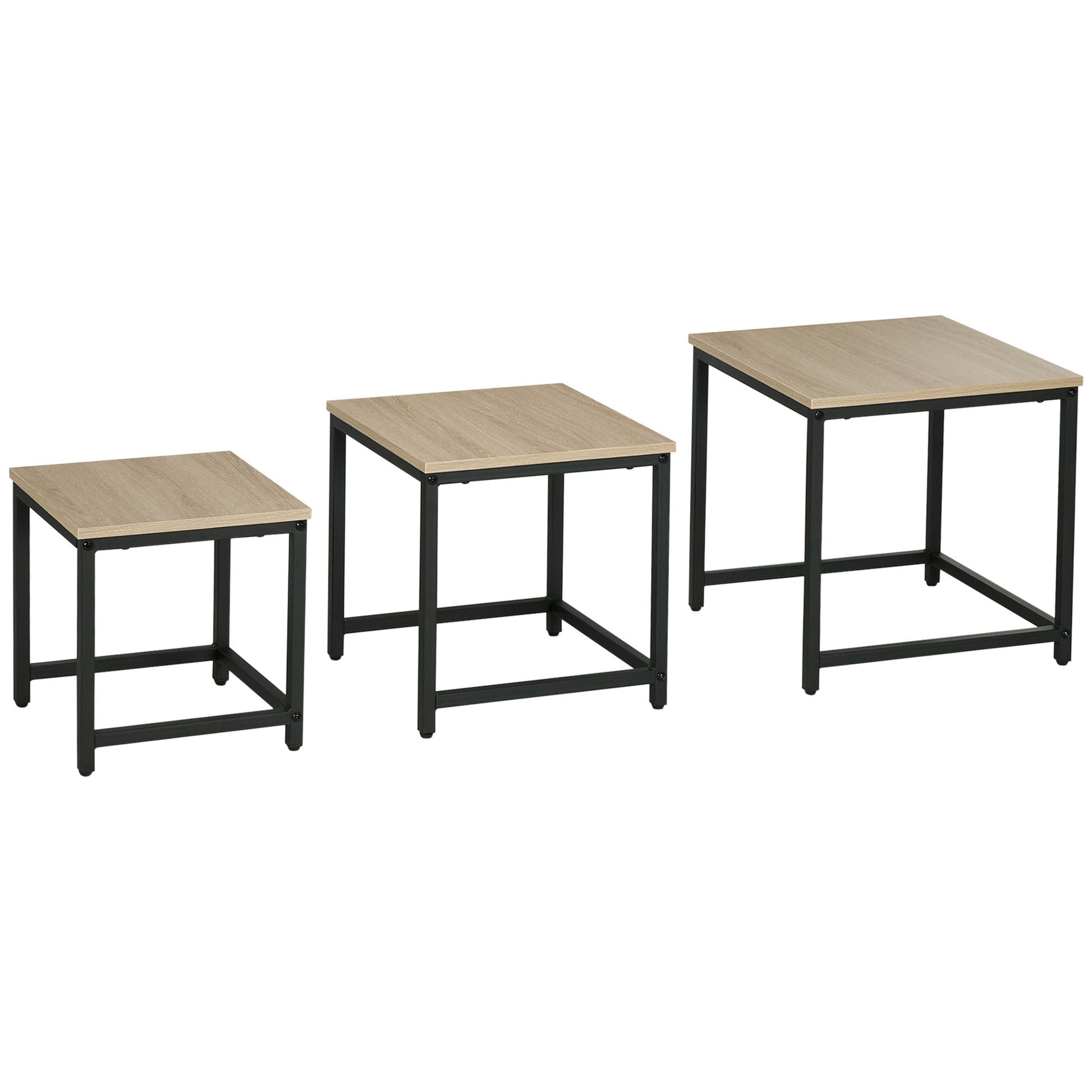 Coffee Table 3-Piece Set Side Table, Nesting Table with Steel Frame, Industrial Design End Table, Coffee Table, Living Room Table with Wood Grain Look, Natural