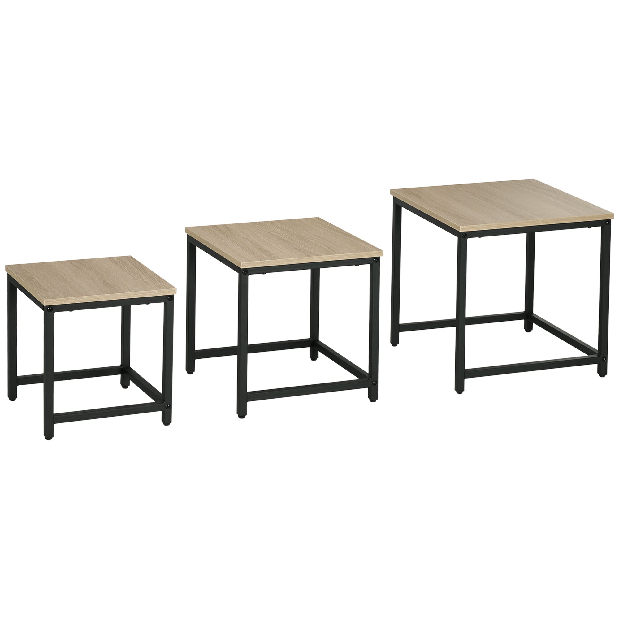 Coffee Table 3-Piece Set Side Table, Nesting Table with Steel Frame, Industrial Design End Table, Coffee Table, Living Room Table with Wood Grain Look, Natural