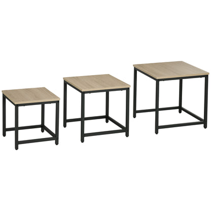 Coffee Table 3-Piece Set Side Table, Nesting Table with Steel Frame, Industrial Design End Table, Coffee Table, Living Room Table with Wood Grain Look, Natural
