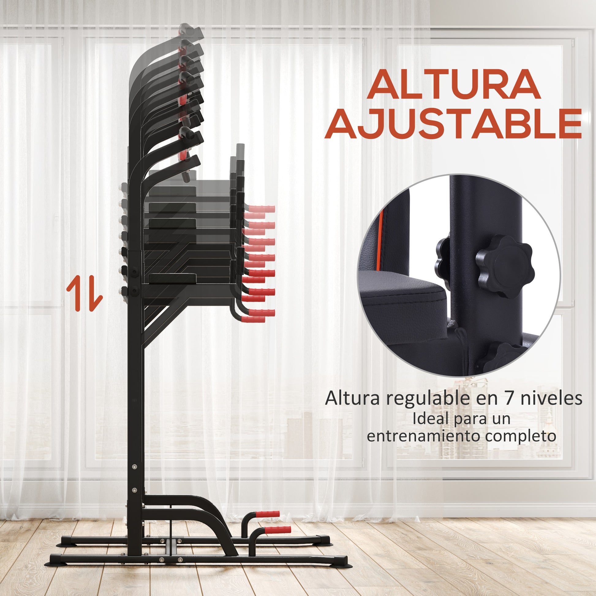 Exercise Tower Multifunctional Station Adjustable Height with 7 Holes for Fitness Training at Home Office Gym Maximum Load 120 kg 123x98x189-239 cm Black and Red