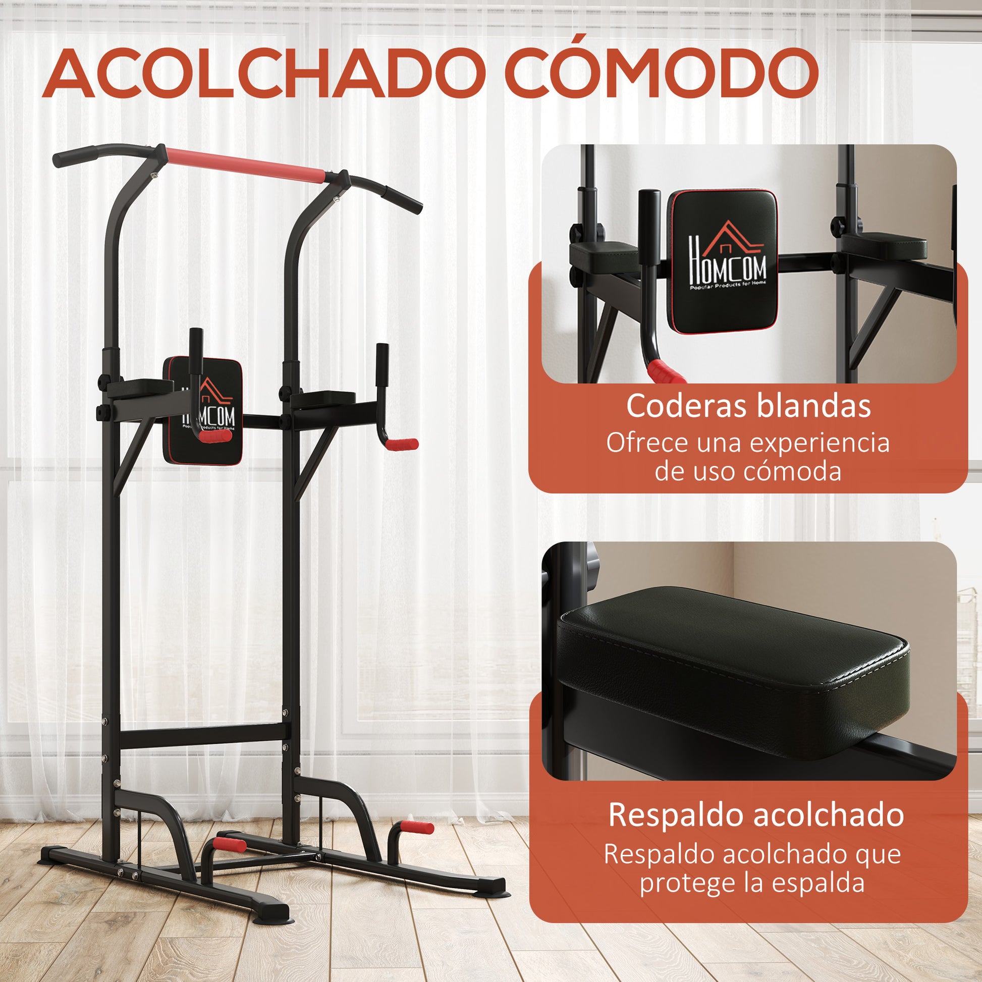 Exercise Tower Multifunctional Station Adjustable Height with 7 Holes for Fitness Training at Home Office Gym Maximum Load 120 kg 123x98x189-239 cm Black and Red