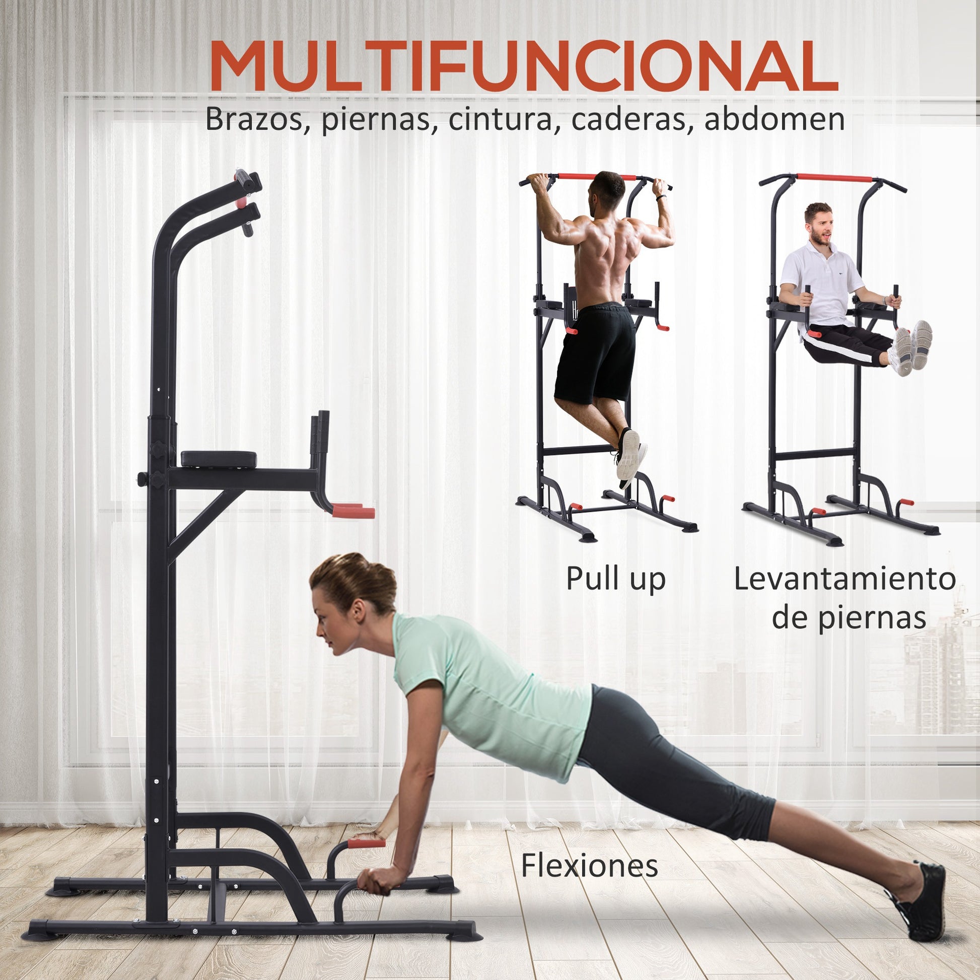 Exercise Tower Multifunctional Station Adjustable Height with 7 Holes for Fitness Training at Home Office Gym Maximum Load 120 kg 123x98x189-239 cm Black and Red