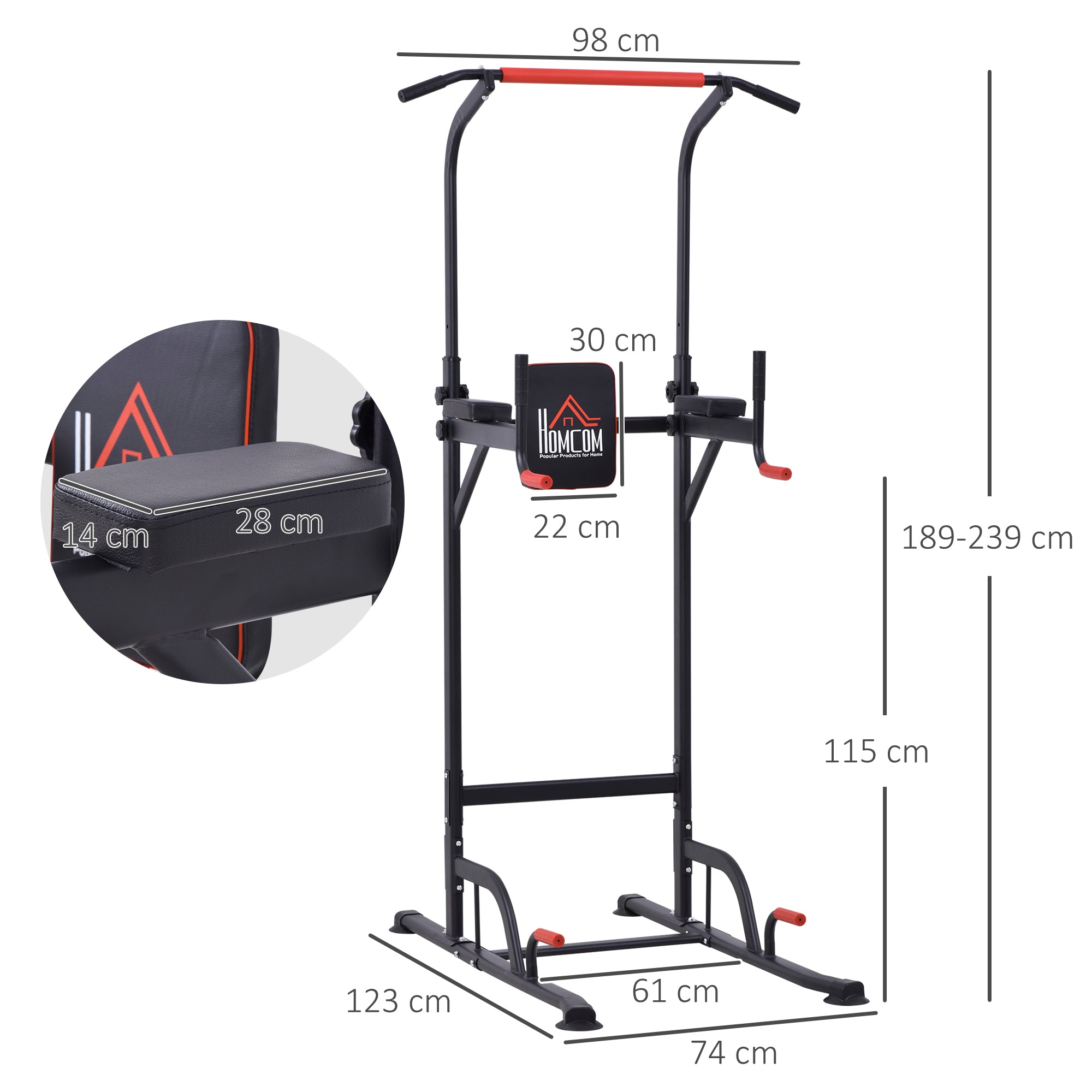 Exercise Tower Multifunctional Station Adjustable Height with 7 Holes for Fitness Training at Home Office Gym Maximum Load 120 kg 123x98x189-239 cm Black and Red