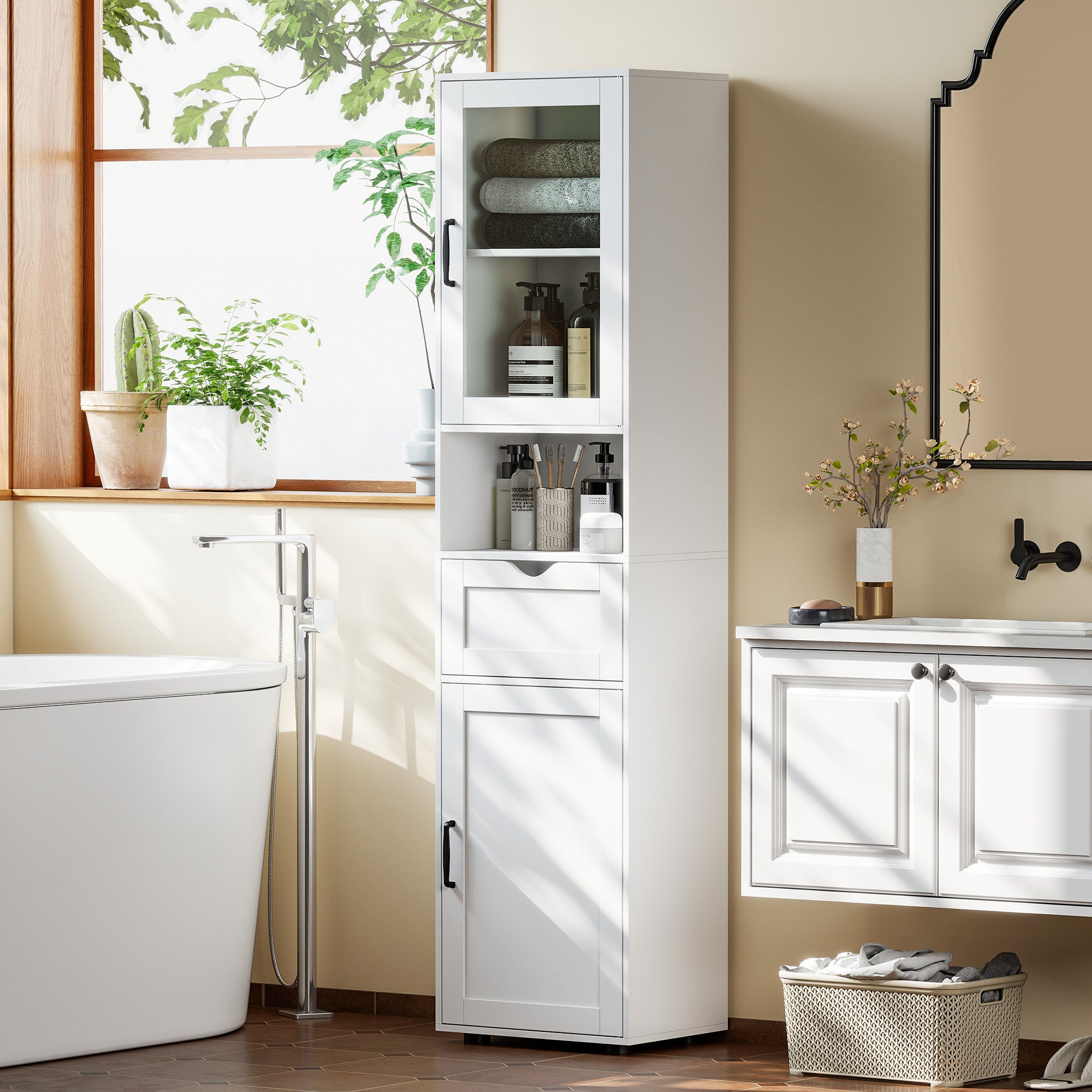 Slim Bathroom Storage Cabinet with Glass Door, Open Shelf, Drawer & Adjustable Shelves — 15.7" x 11.8" x 65", White