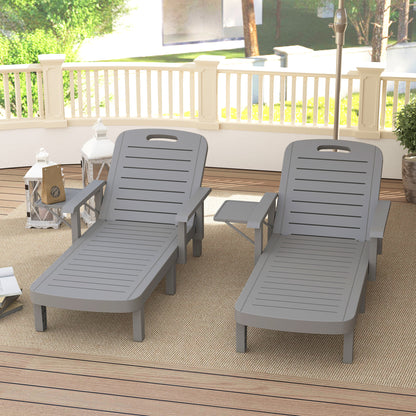 2-Piece Sun Lounger Set with Side Table, Wood-Effect Outdoor Recliners, 5-Position Adjustable Backrest, Weatherproof, Up to 265 lb Capacity, Dark Gray