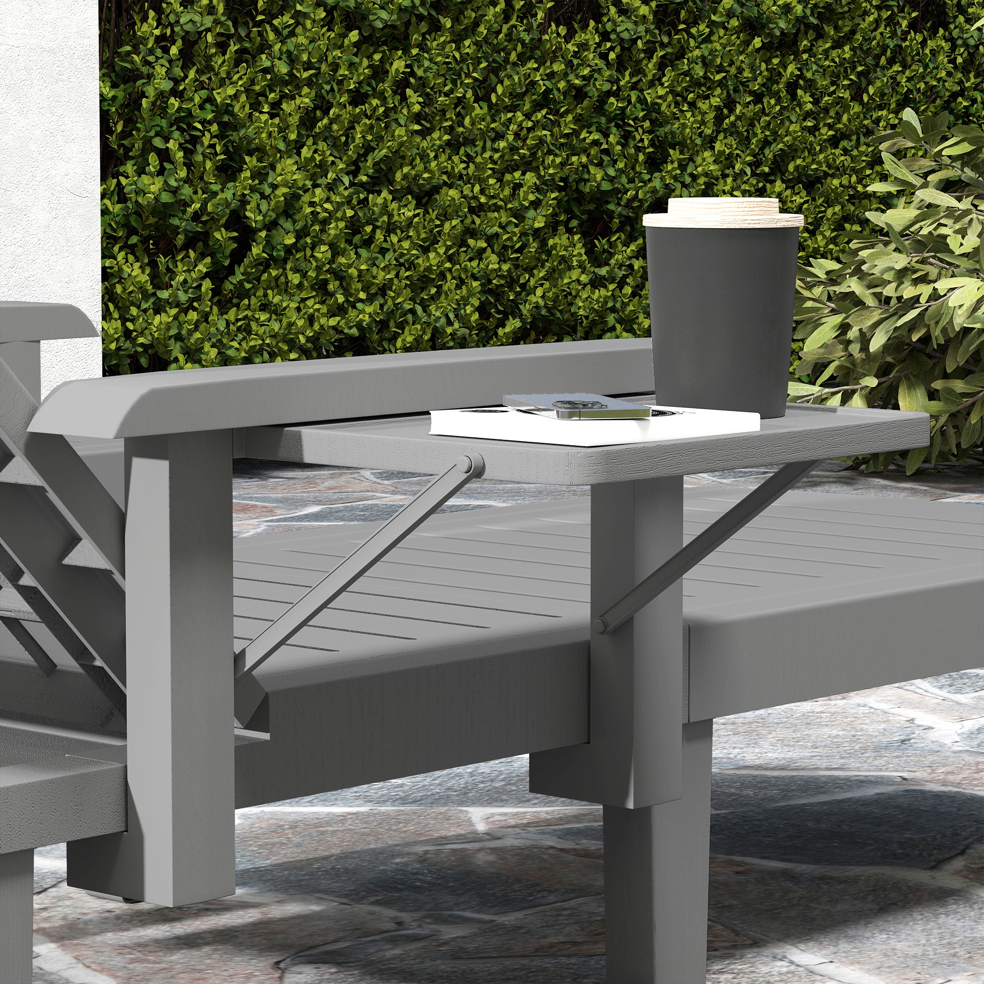 2-Piece Sun Lounger Set with Side Table, Wood-Effect Outdoor Recliners, 5-Position Adjustable Backrest, Weatherproof, Up to 265 lb Capacity, Dark Gray