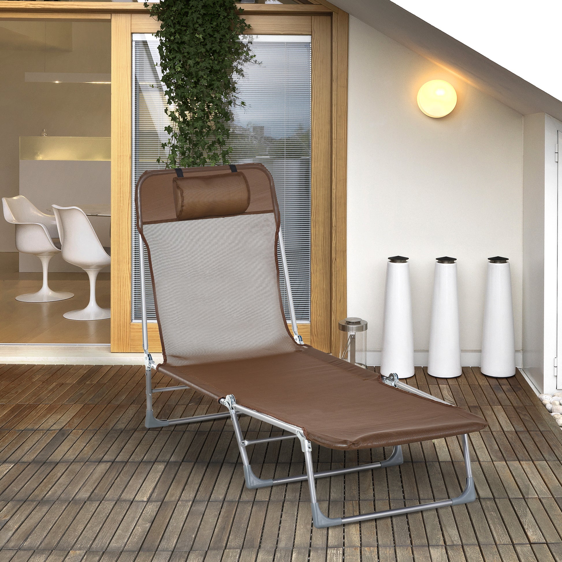 Folding and Reclining Garden Sun Lounger with Headrest and Adjustable Backrest in 5 Levels Breathable Texteline Fabric 182x56x28 cm Brown