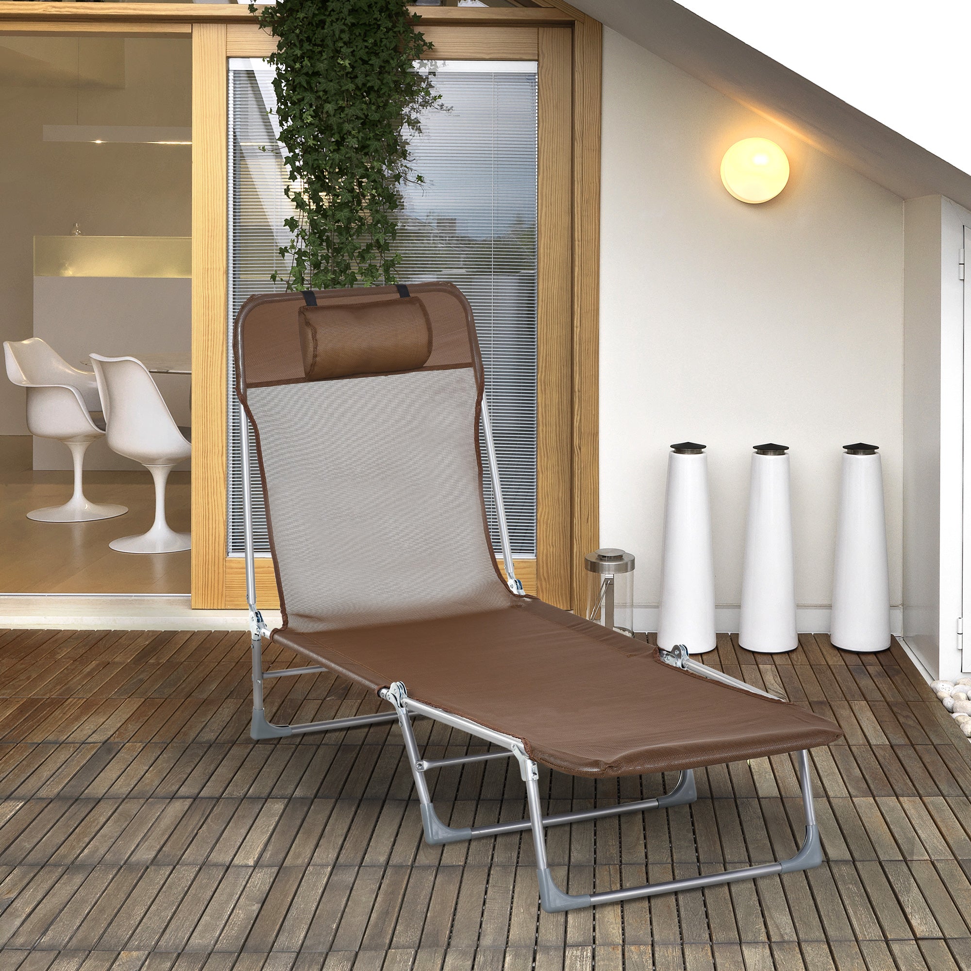 Folding and Reclining Garden Sun Lounger with Headrest and Adjustable Backrest in 5 Levels Breathable Texteline Fabric 182x56x28 cm Brown