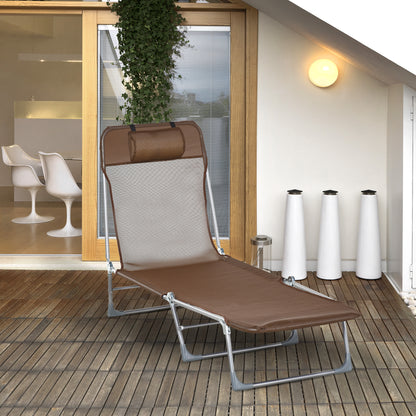 Folding and Reclining Garden Sun Lounger with Headrest and Adjustable Backrest in 5 Levels Breathable Texteline Fabric 182x56x28 cm Brown