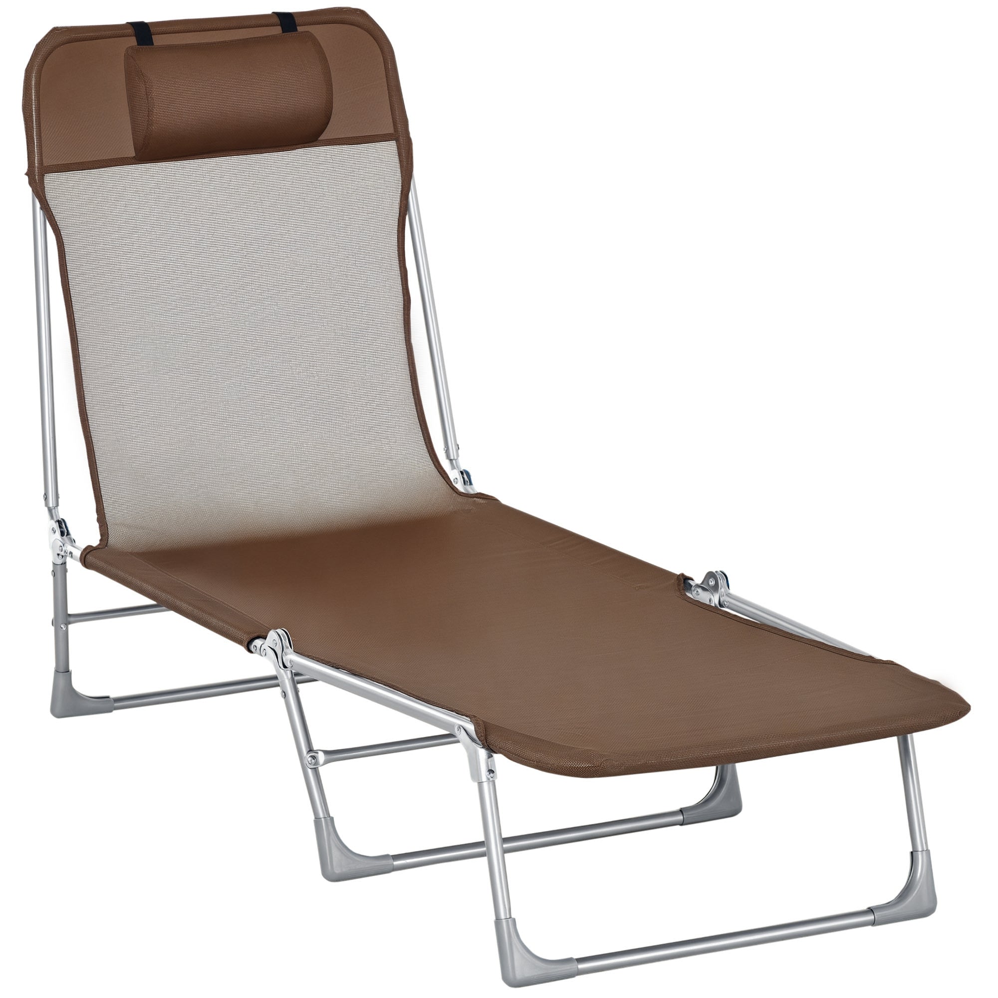 Folding and Reclining Garden Sun Lounger with Headrest and Adjustable Backrest in 5 Levels Breathable Texteline Fabric 182x56x28 cm Brown