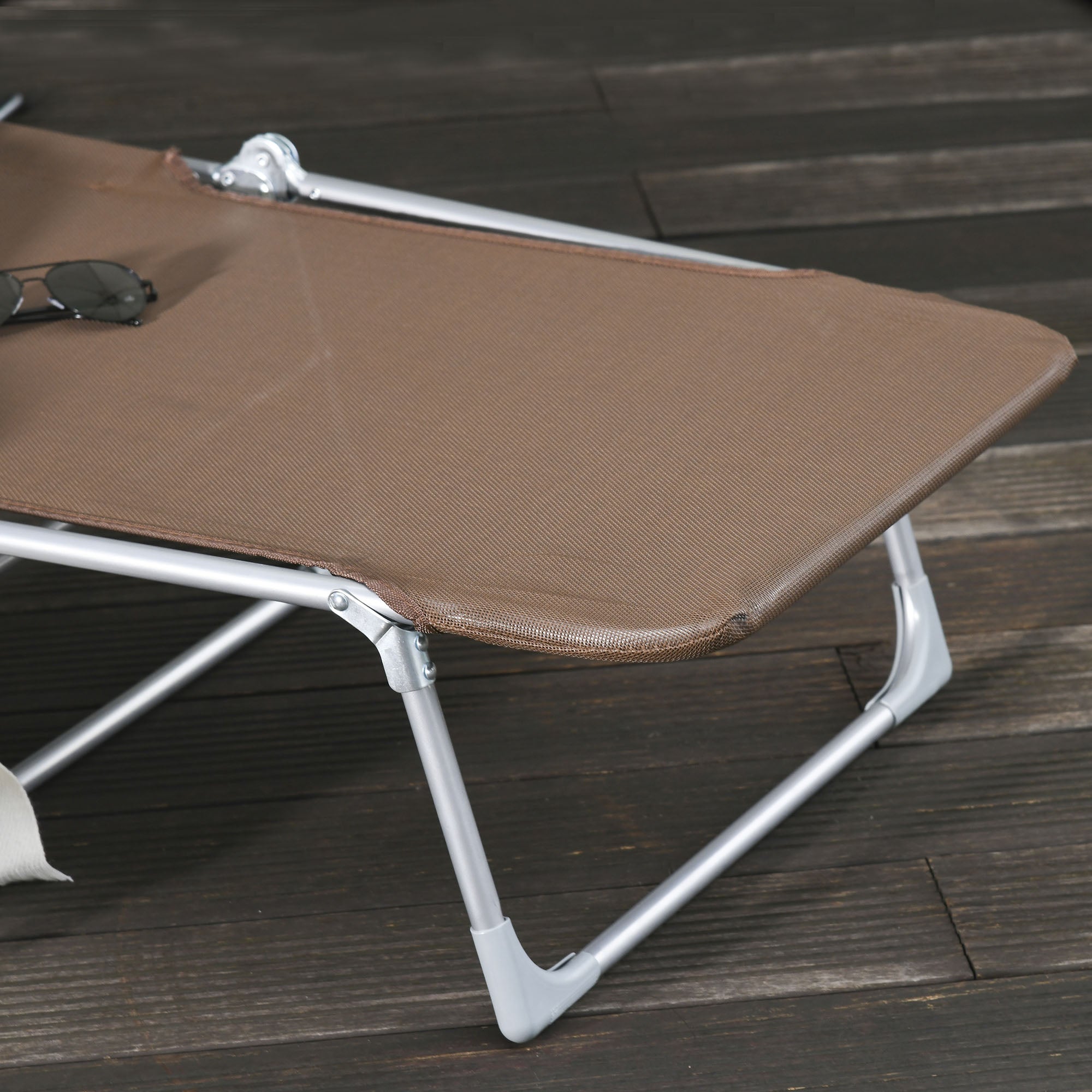 Folding and Reclining Garden Sun Lounger with Headrest and Adjustable Backrest in 5 Levels Breathable Texteline Fabric 182x56x28 cm Brown